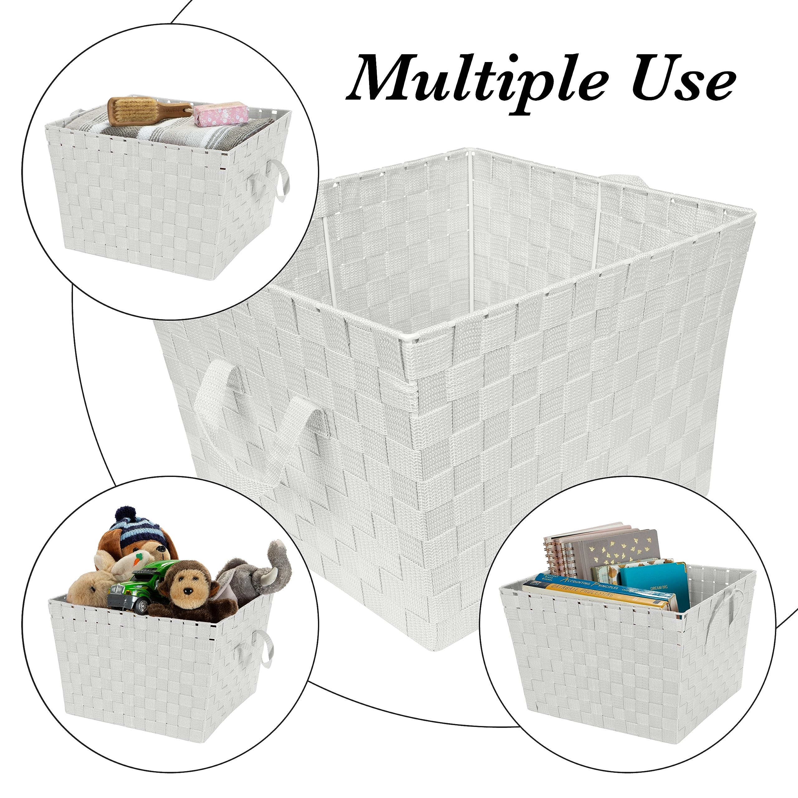 Large Woven Storage Tote Basket with 2 Handles - 4 Pack White Organizer for Closet, Bedroom, Bathroom & Nursery - Perfect for Toys, Accessories & Decorative Gift Storage