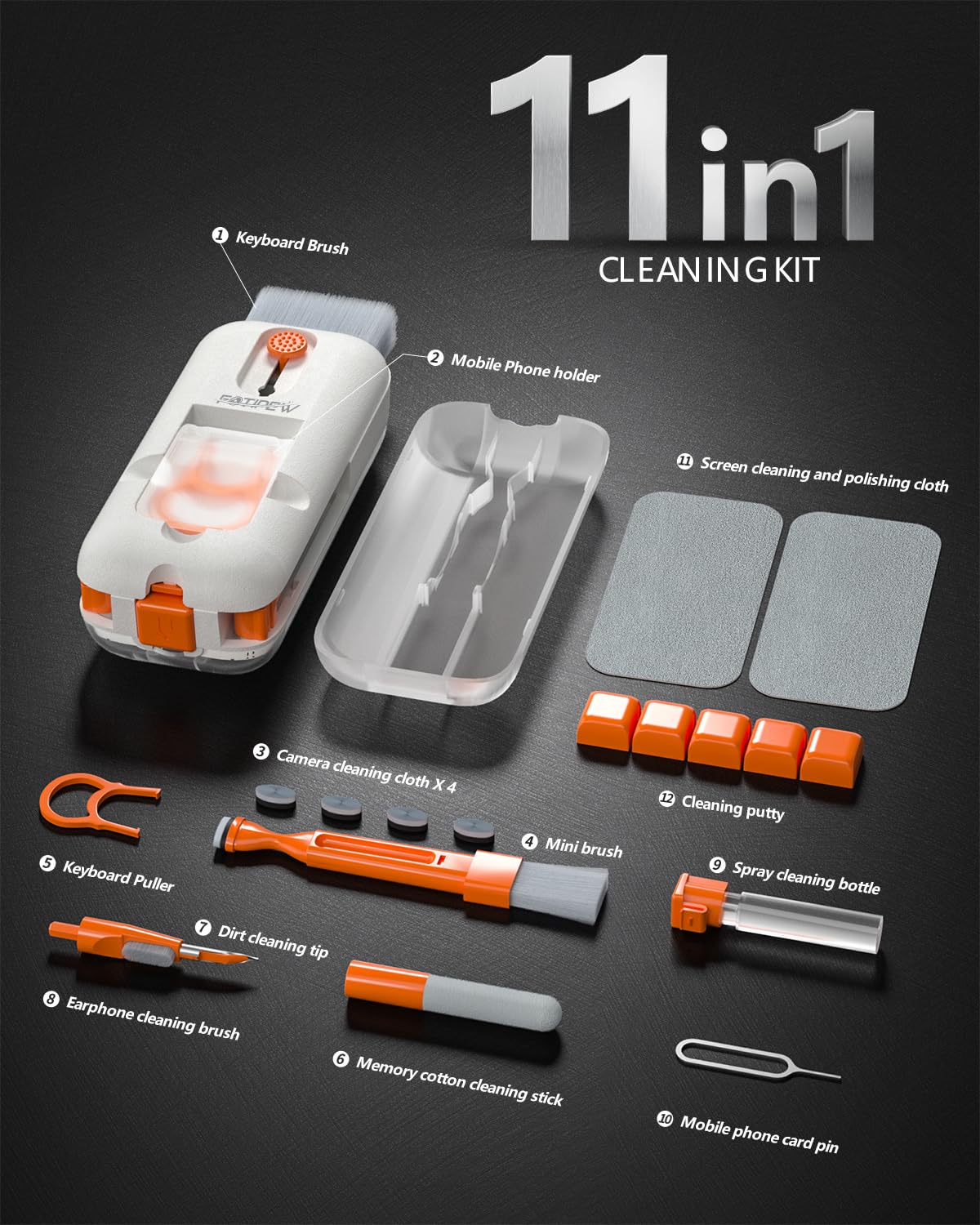 12-in-1 Keyboard Cleaner Kit with 3ml Spray Bottle - Electronics Cleaning Brush Tool for Computer, PC Monitor, TV & Camera Lens - Compact & Patented (Orange) - Perfect for Office, Home & Travel Use