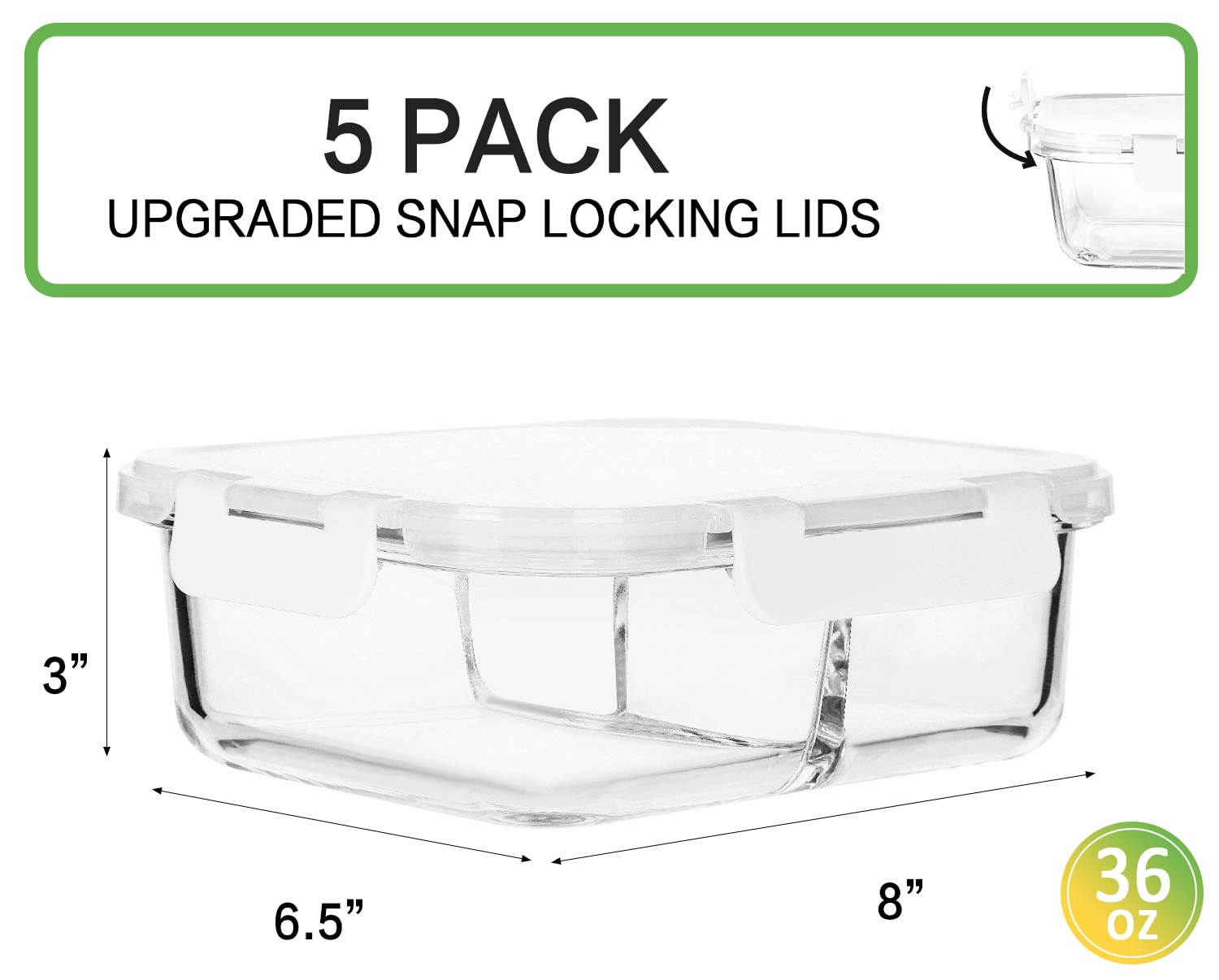 5-Pack 36 oz Glass Meal Prep Containers with Lids - 3 Compartment Bento Box for Lunch, Food Storage - Microwave, Oven, Freezer & Dishwasher Safe (4.5 Cups, White) - Perfect for Meal Prepping, Office Lunches & Healthy Eating