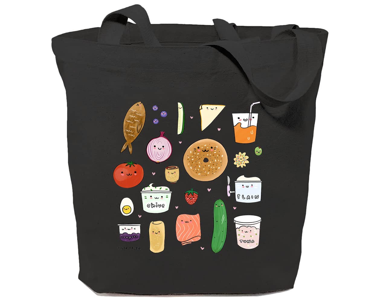 Bagel & Friends Canvas Tote Bag for Women - Cute Food Print Reusable Grocery Shopping Bag - Eco-Friendly Shoulder Bag Perfect for Market Trips, Beach Days & Gift Giving