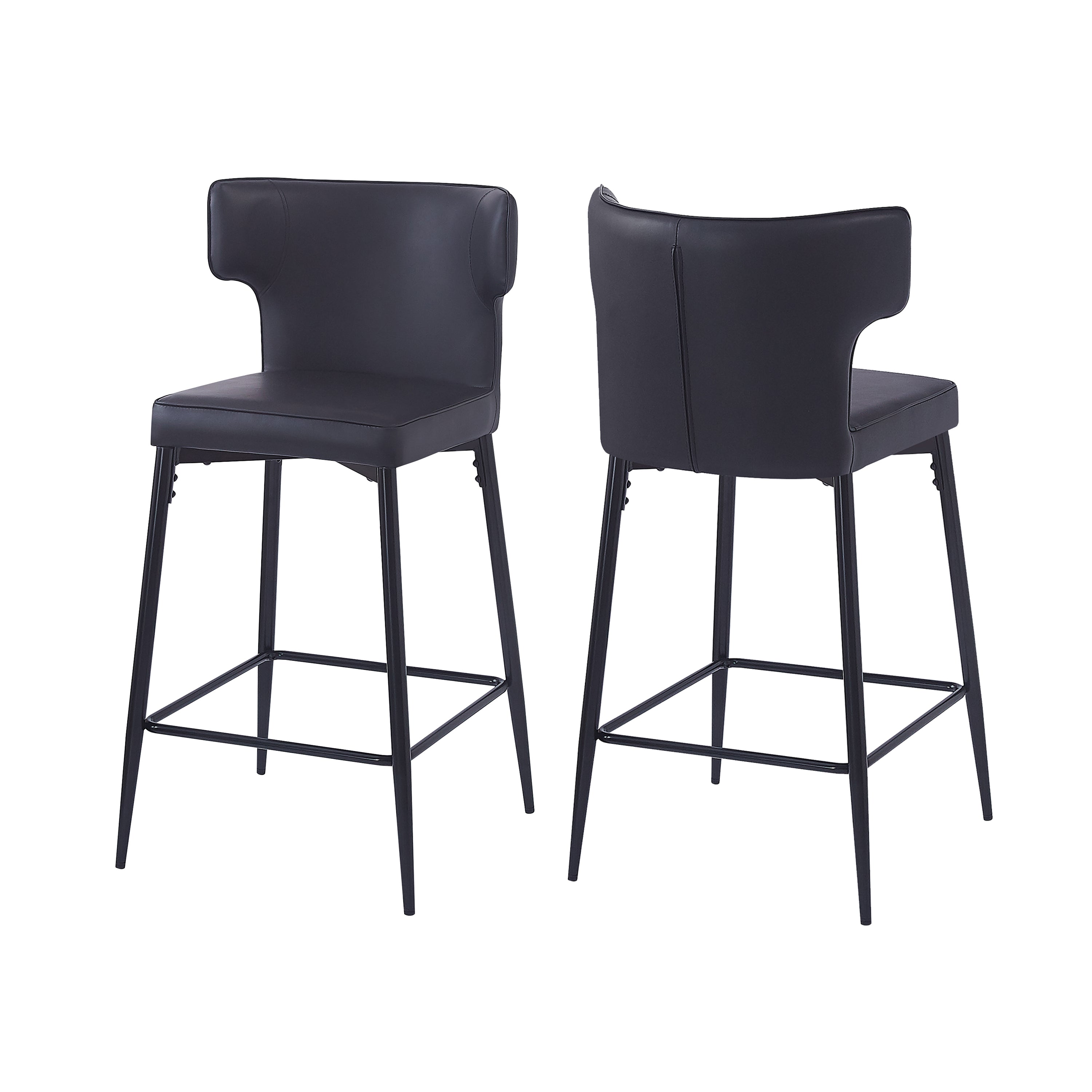 28 Inch Counter Height Bar Stools Set of 2 - Modern PU Leather Upholstered Bar Chairs with Metal Footrest & Sturdy Frame for Kitchen Island, Breakfast Bar, Dining Room - Black - Perfect for Entertaining, Small Spaces & Contemporary Home Decor