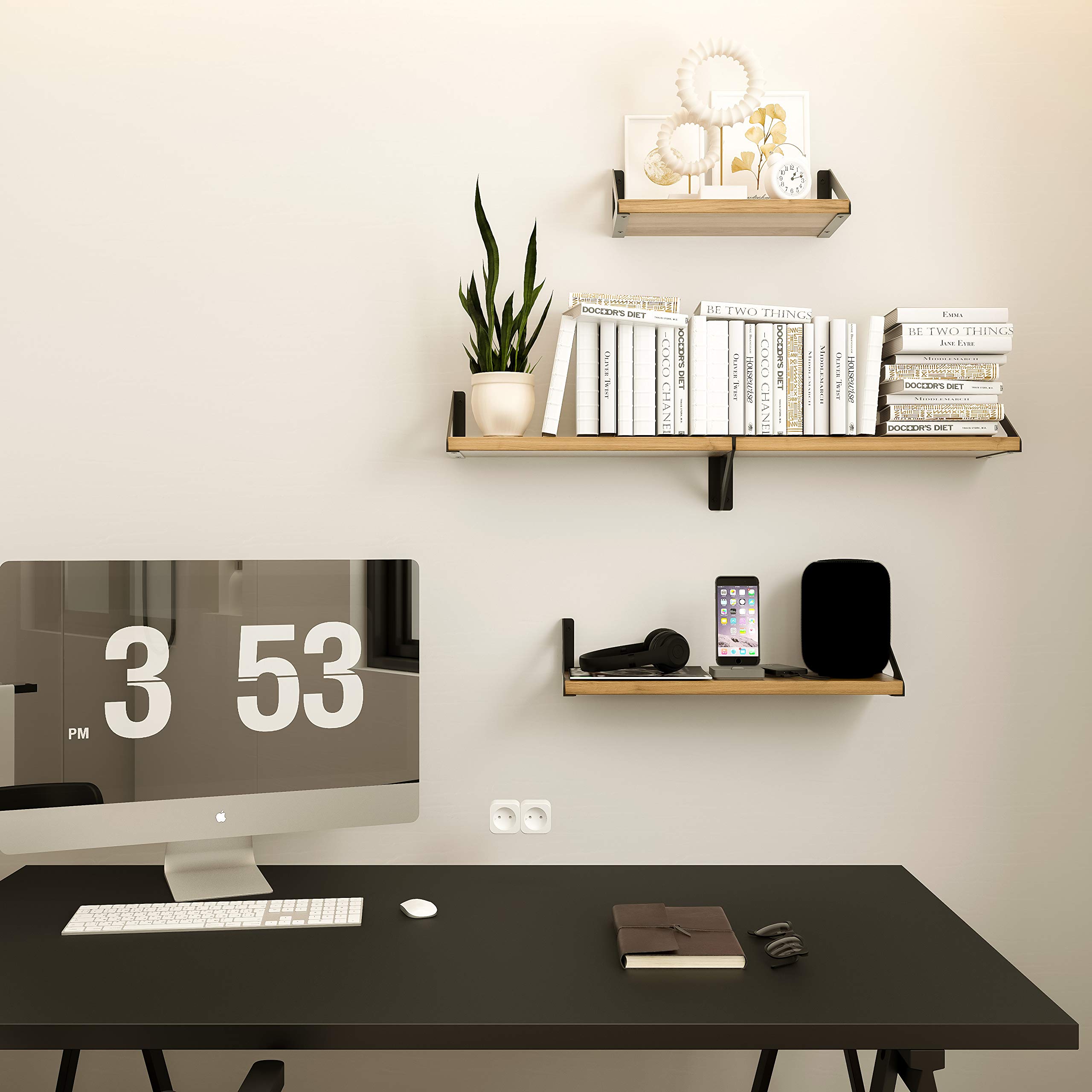 Rustic Wood Floating Shelves - Set of 3 for Bathroom & Living Room Decor