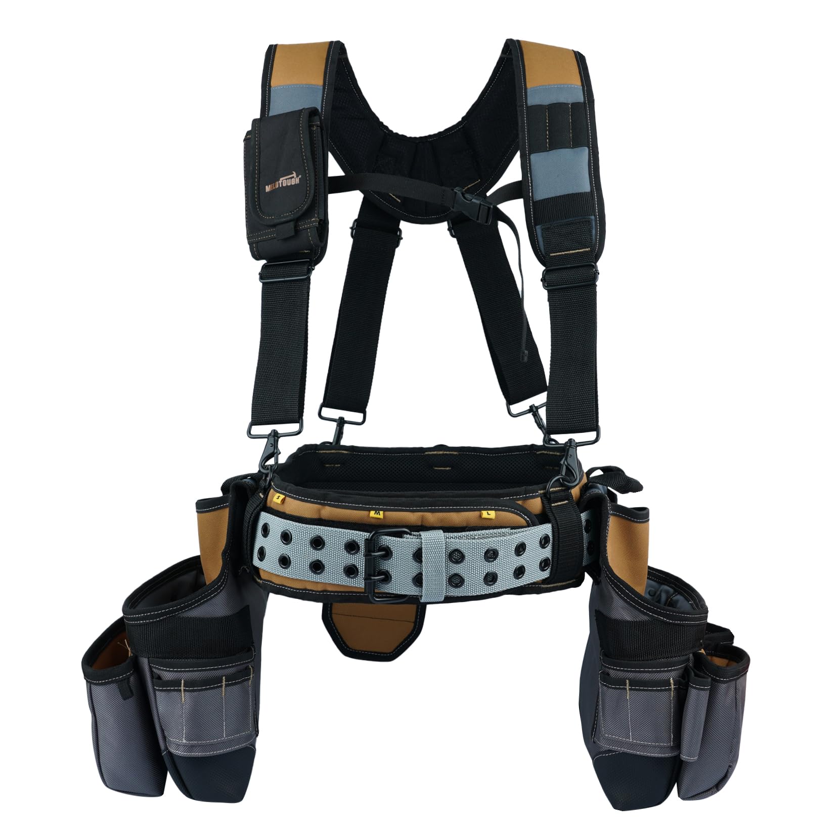 **MELOTOUGH Heavy Duty Tool Belt with Suspenders - Durable Construction Tool Pouch for Electricians, Roofers & Contractors - Adjustable Framers Comb Apron for Carpentry & Building (Khaki) - Perfect for Construction, Renovation & DIY Projects**
