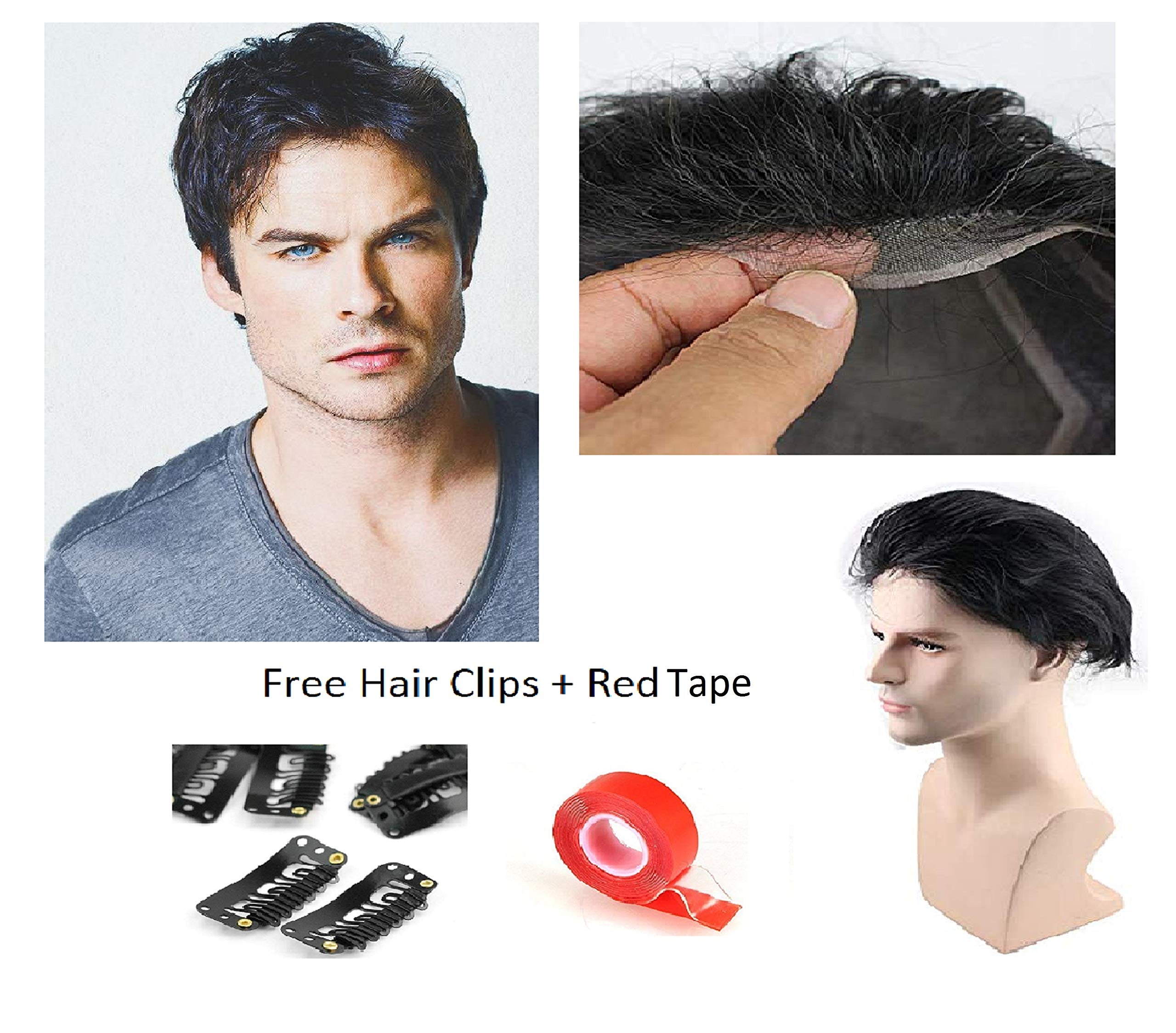 BOXO 80g 10x7 Human Hair Patch for Men - Natural Looking Hair Wig & Toupee with Free Red Tape & Clips (Black) - Perfect for Thinning Hair, Bald Spots & Daily Styling