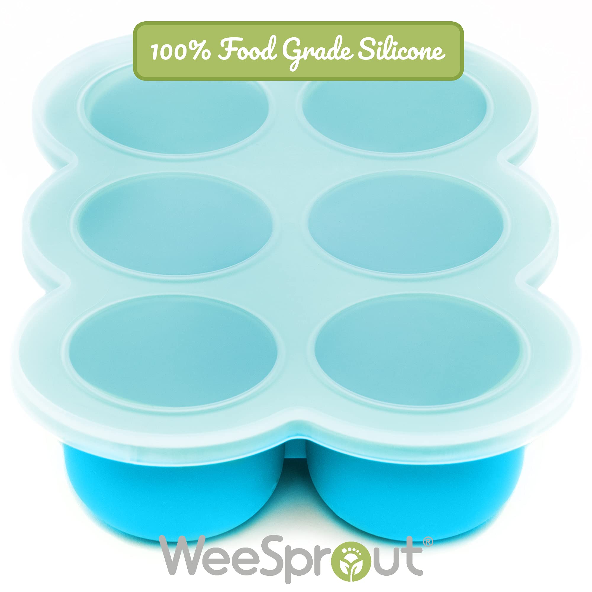 WeeSprout Silicone Freezer Tray with Clip-On Lid - 6 Section 3oz Baby Food Storage Container for Homemade Purees, Vegetables, Fruits & Breast Milk - BPA-Free, Dishwasher Safe (Bright Blue) - Perfect for Meal Prep, Infant Feeding & Breast Milk Organization
