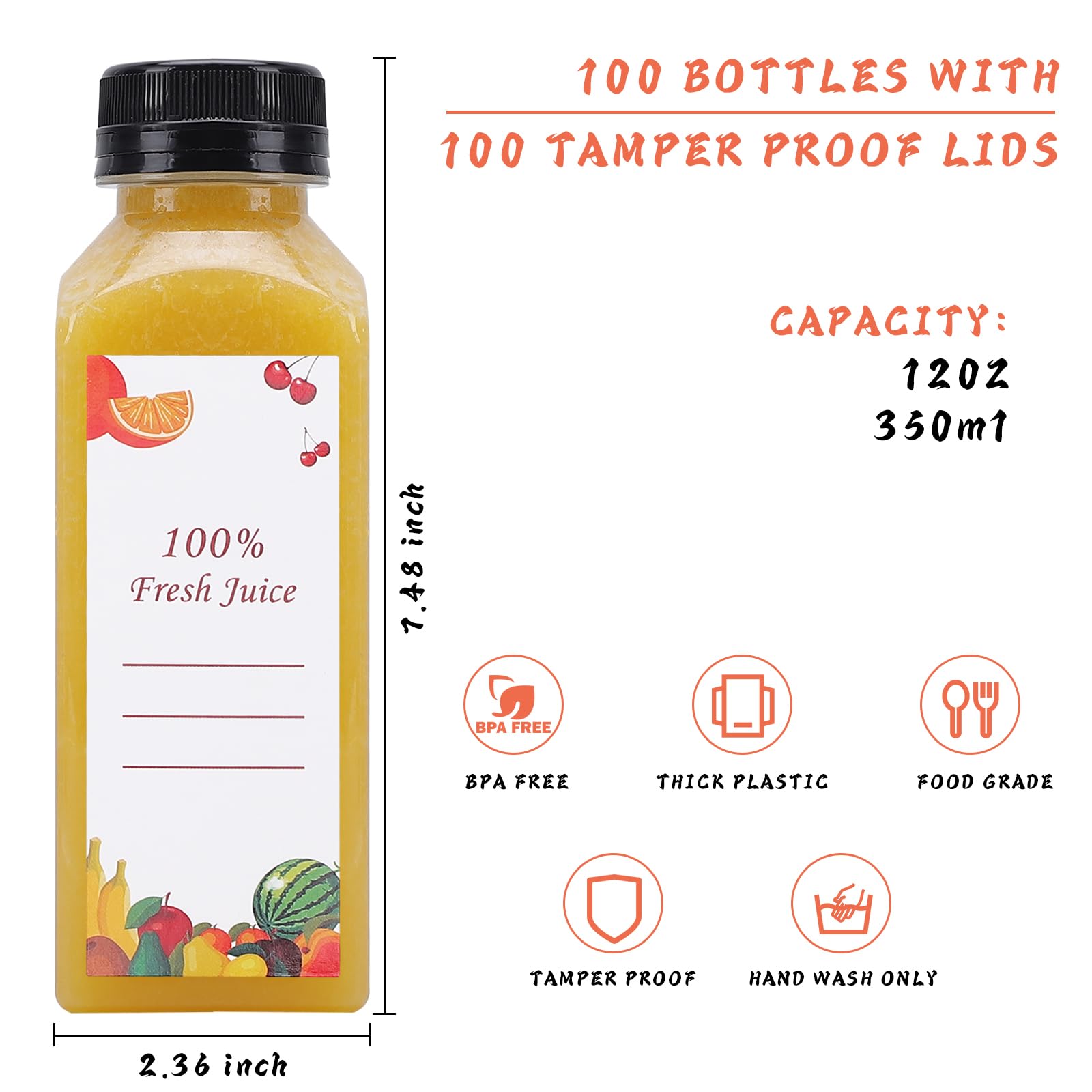 150 Pack 12 oz Clear Plastic Juice Bottles with Caps - Reusable Empty Water Bottles for Drinking, Juicing, Smoothies - Includes 2 Brushes, 2 Funnels & 160 Stickers - Perfect for Home, Parties, Restaurants & Meal Prep