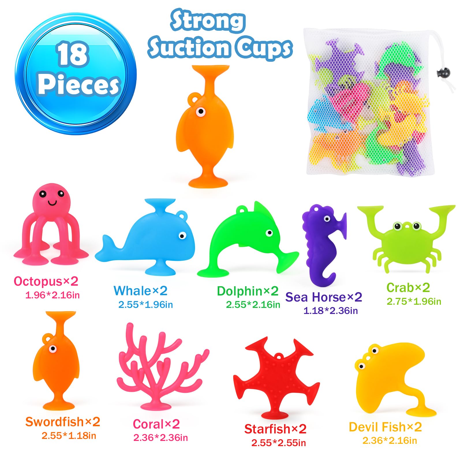 18-Piece Silicone Ocean Animal Suction Cup Toys for Kids Ages 3-8 | Bath, Sensory & Travel Toys for Toddlers Boys & Girls | Includes Mesh Storage Bag | Perfect for Easter Gifts, Window Play & Learning Activities
