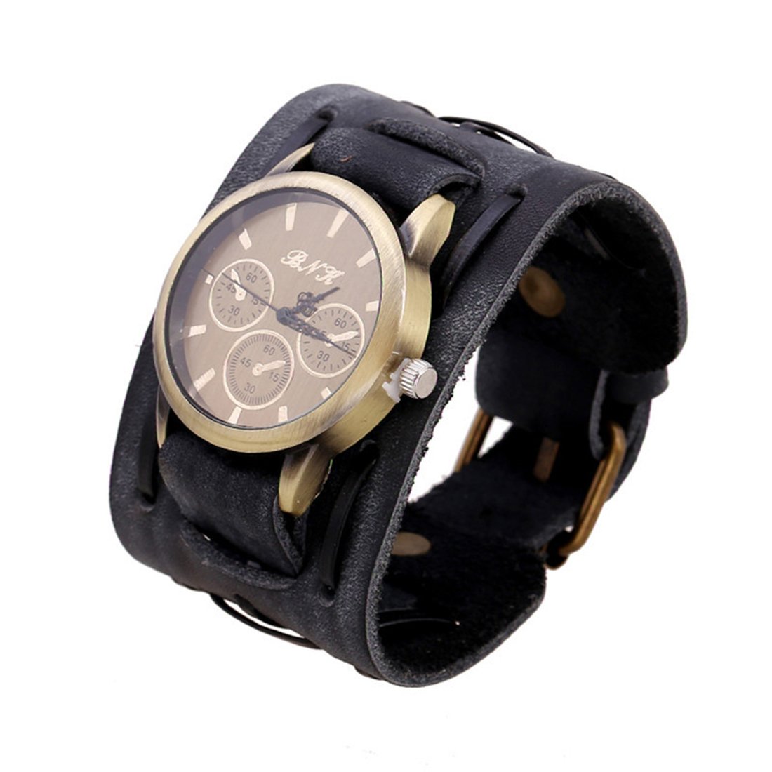 XIAFEN Men's Vintage Quartz Watch with Wide Leather Strap - Black & Brown Big Face Wristwatch for Casual, Business & Outdoor Activities