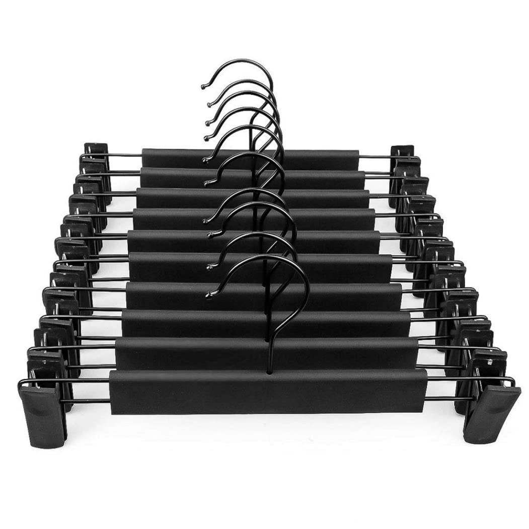 CurcKua 10-Pack Black Plastic Clothes Hangers with 2 Adjustable Anti-Rust Clips - 360° Rotatable Hook for Pants, Skirts & Jeans - Space Saving Wardrobe Organizer for Closet, Laundry Room & Dorm