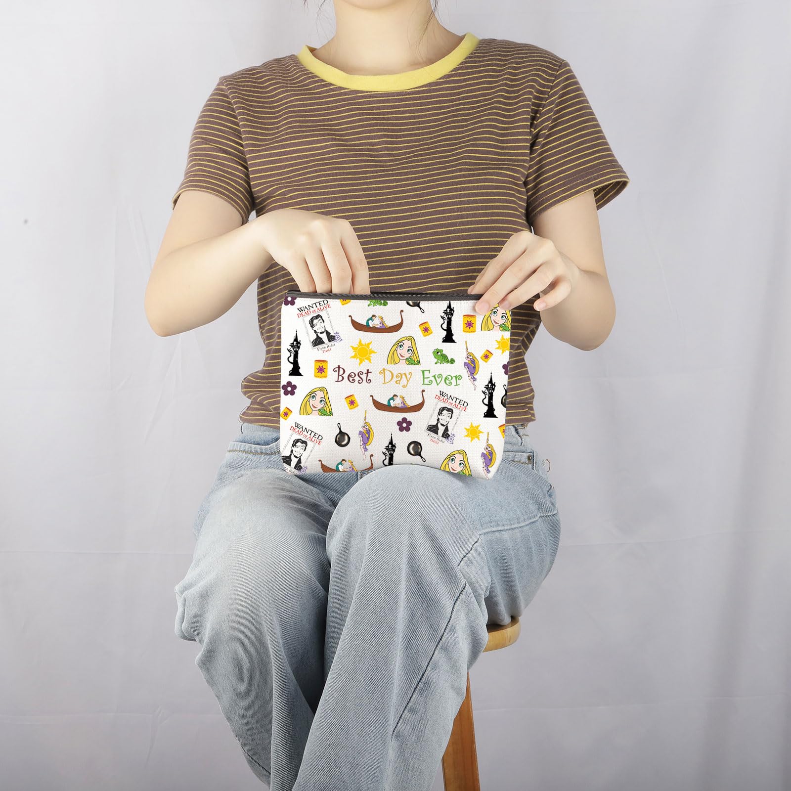 Tangled Movie Merchandise - Best Day Ever Makeup Bag for Disney Princess Rapunzel Fans, Long Hair Cosmetic Pouch - Perfect Gift for Birthday, Travel & Disney Theme Parties