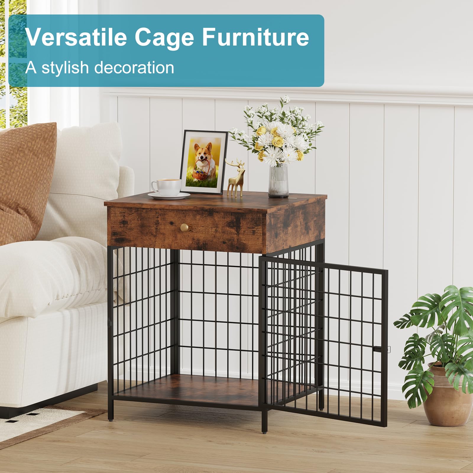 Rustic Brown Decorative Dog Kennel with Storage Drawer - Indoor Pet Crate End Table for Small Dogs | Steel-Tube Chew-Proof Dog Cage | Perfect for Living Room, Bedroom & Home Office Decor