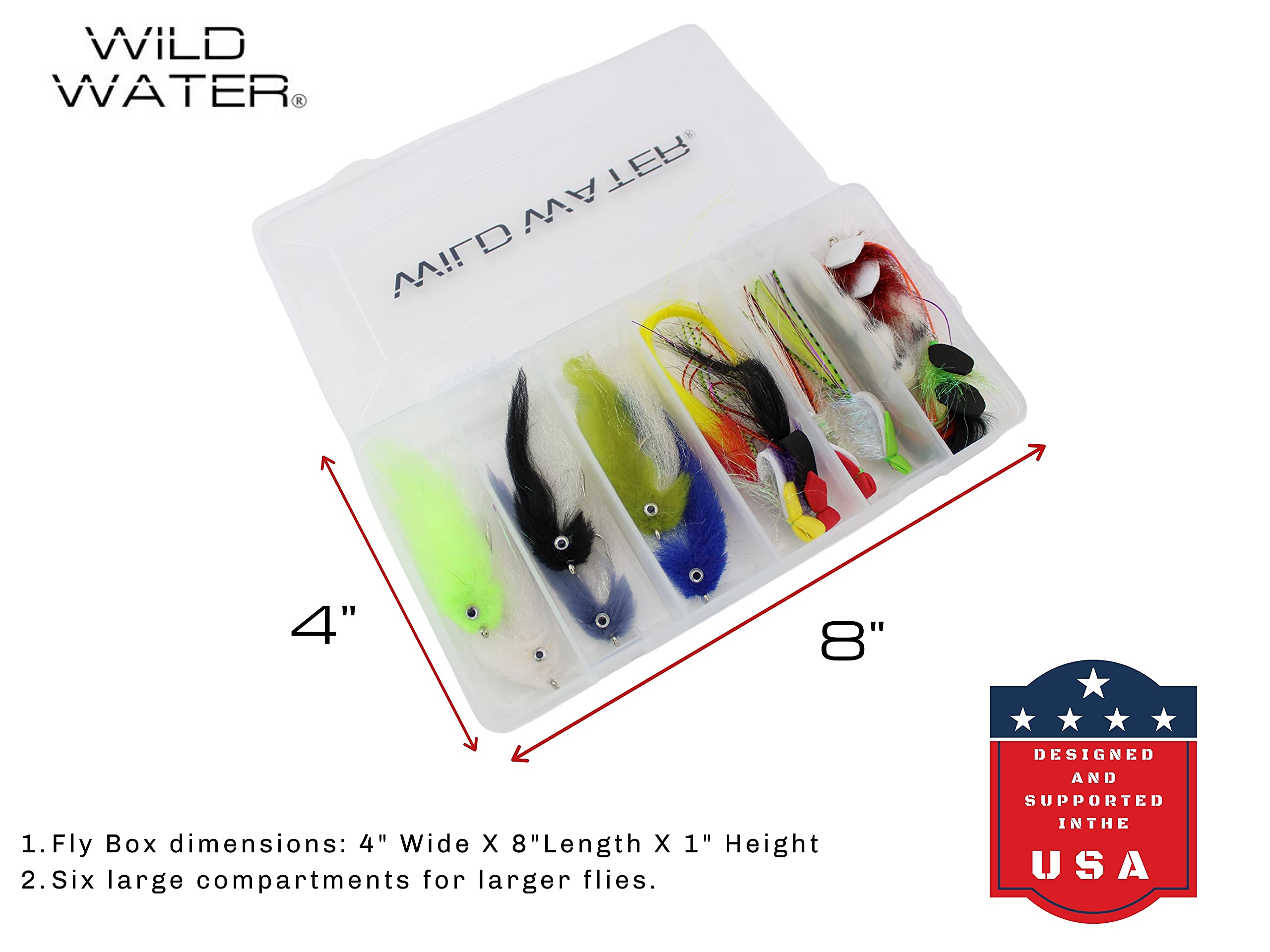 Wild Water EP Top Water Baitfish Fly Fishing Lure Assortment - 12 Saltwater & Freshwater Flies with 6-Section Fly Box - Perfect for Trout, Bass, and Pike Fishing in Rivers and Lakes