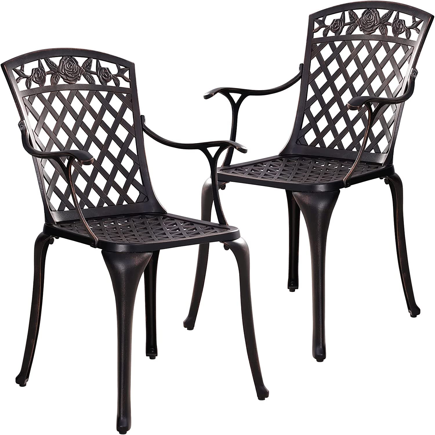 Outdoor Patio Bistro Chairs Set of 2 - Heavy Duty Cast Aluminum All-Weather Dining Chairs with Armrests - Bronze Garden Seating for Backyard, Deck, Restaurant & Outdoor Dining