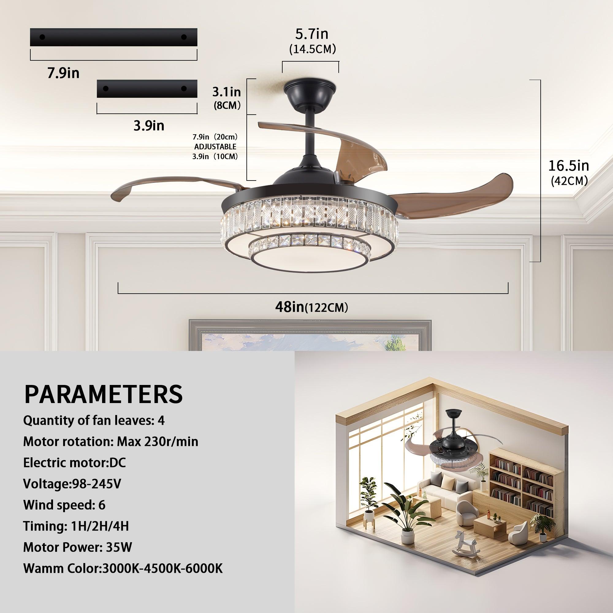 Modern LED Retractable Ceiling Fan with Light & Remote Control - Ultra Quiet Reversible 4-Blade Design for Kitchen, Bedroom, Dining Room & Patio | Energy Efficient Cooling & Stylish Home Decor