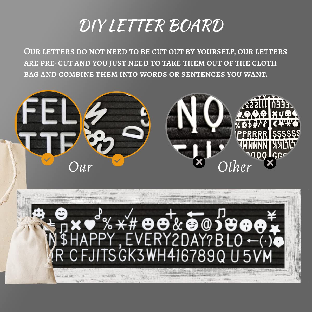 Rustic Felt Letter Board with 340 Letters & 30 Clips - DIY Picture Frame Photo Organizer & Collage Wall Decor - Unique Gift for Teen Girls - Perfect for Bedroom, Dorm Room, or Office Decor