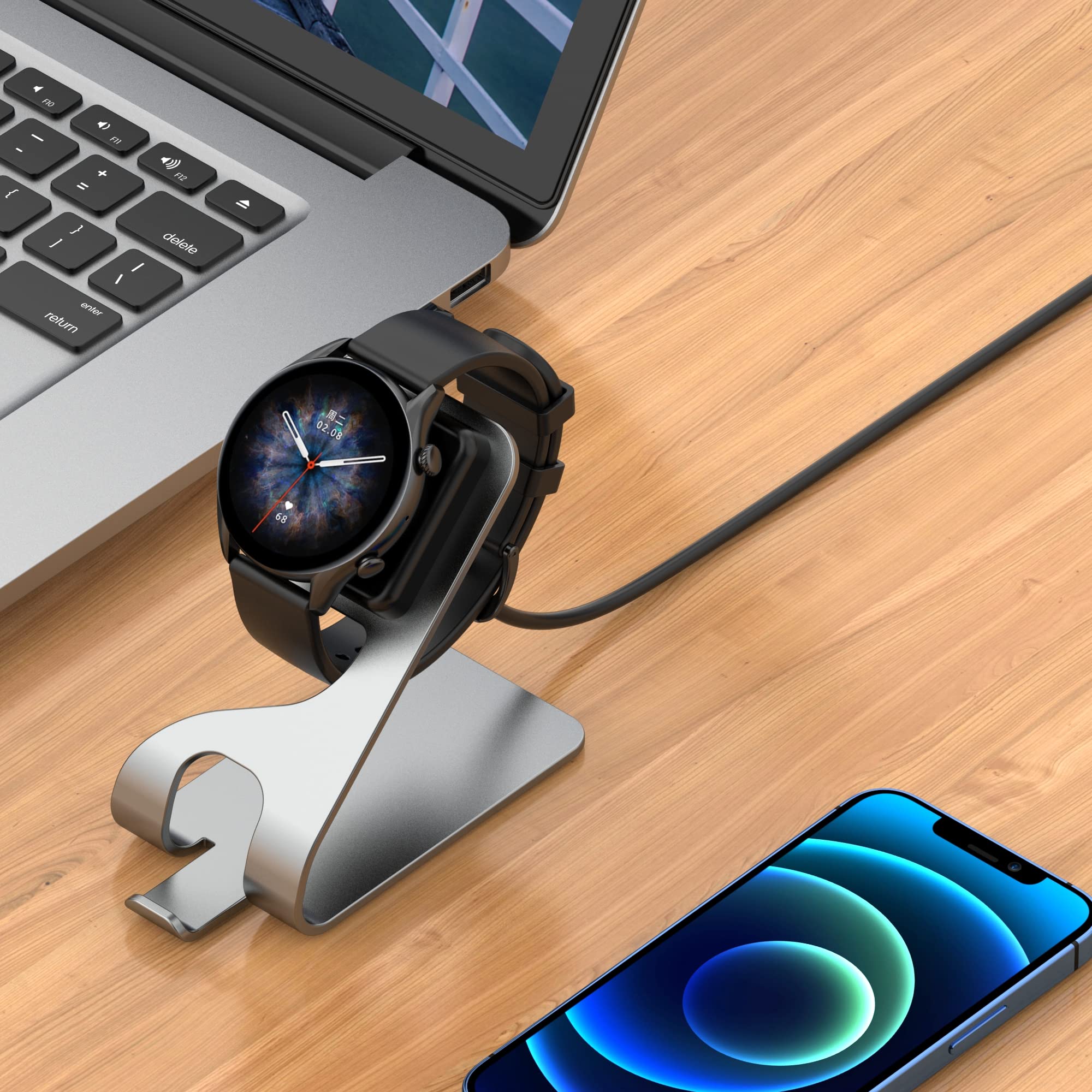 ECSEM Magnetic Charging Stand for Amazfit GTS 3/GTR 3 Pro - 3.3ft USB Cable Portable Charger Dock (Gray) | Perfect for Home, Office & Travel Charging