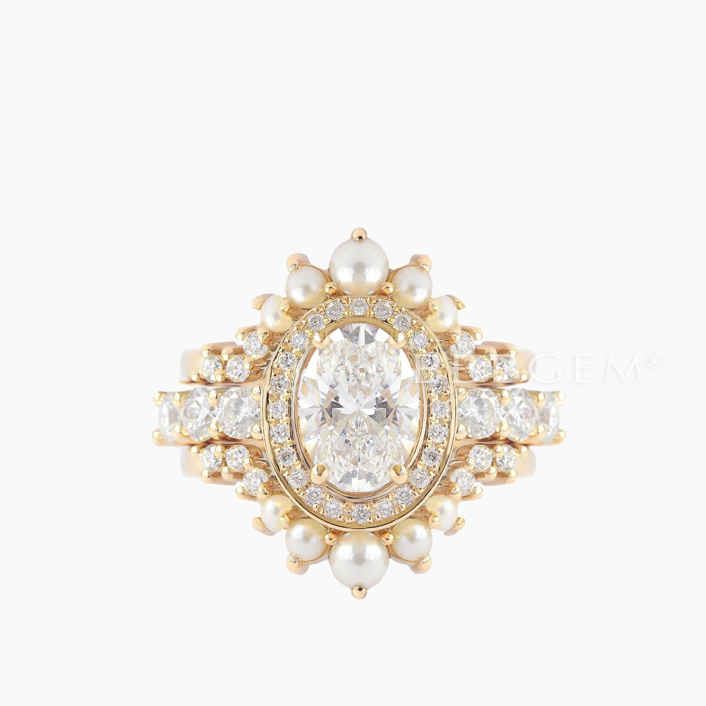 14K Yellow Gold Oval Cut Moissanite Halo Diamond Engagement Ring Set with Pearl Enhancer Band - Perfect for Wedding Proposals, Anniversaries & Bridal Jewelry
