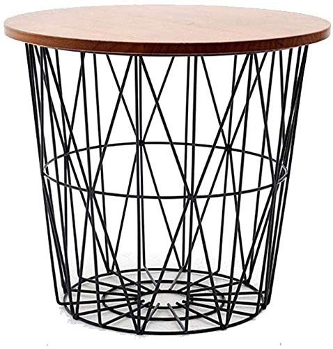 Round Metal and Wood Side Table with Storage Basket - Coffee Table, End Table, Snack Tray & Hamper - Rustic Home Decor for Living Room, Bedroom, Office (High-Temperature Resistant Iron Frame) - Perfect for Small Spaces, TV Snacking & Interior Styling