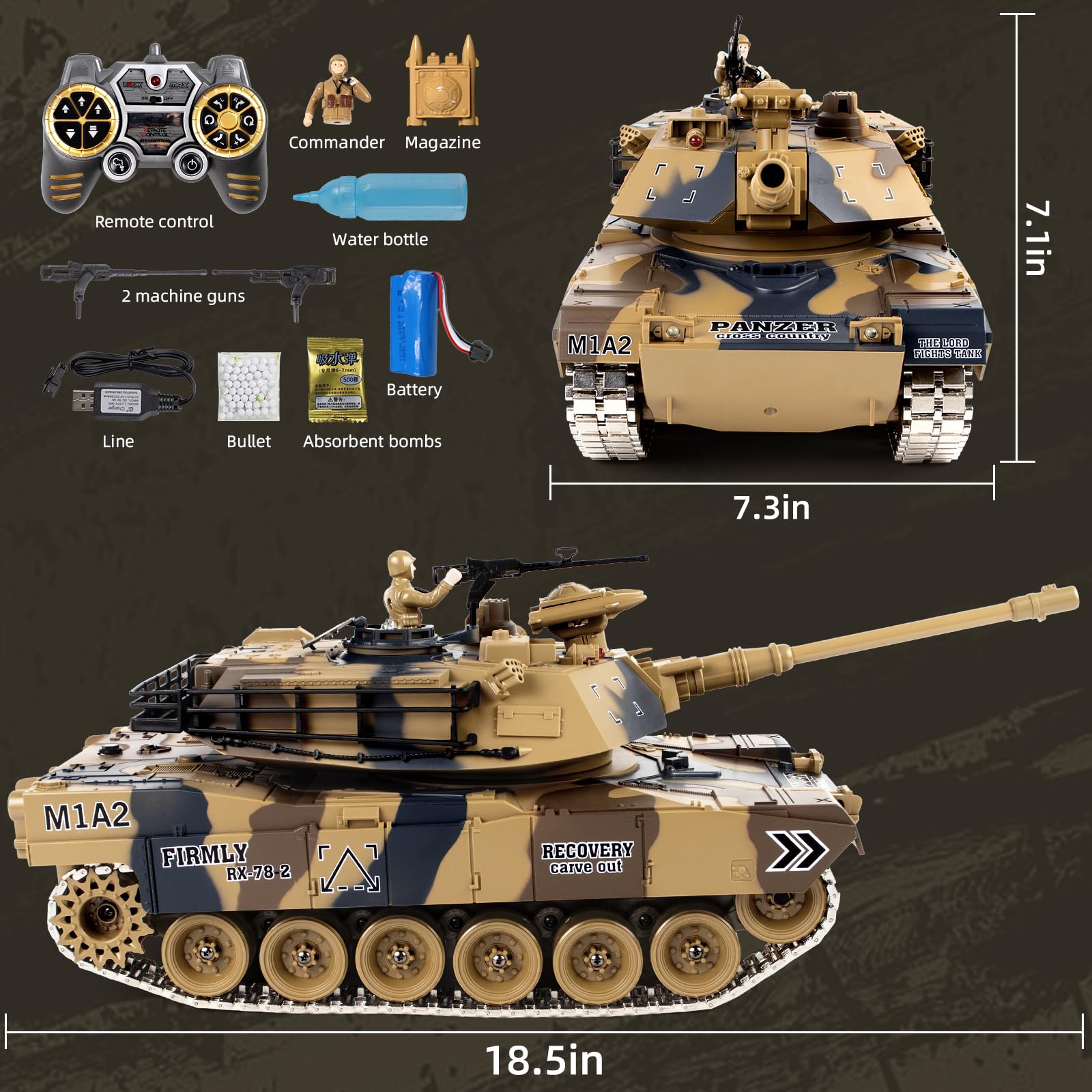 1/18 Scale US M1A2 Abrams RC Tank - 15 Channel Remote Control Military Tank with Metal Tracks, Realistic Smoke & Sound Effects, LED Lights, BB/Water Bomb Launcher, Recoil System & 60 Min Playtime - Perfect for Adults & Kids Battle Games, Military Enthusiasts & Collectors