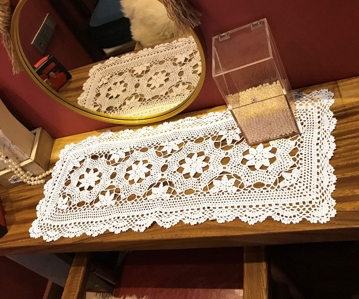 Handmade White Crochet Cotton Table Runner - 16x35 Inch Lace Doily Rectangular Dresser Scarf for Dining Table, Coffee Table, and Home Decor