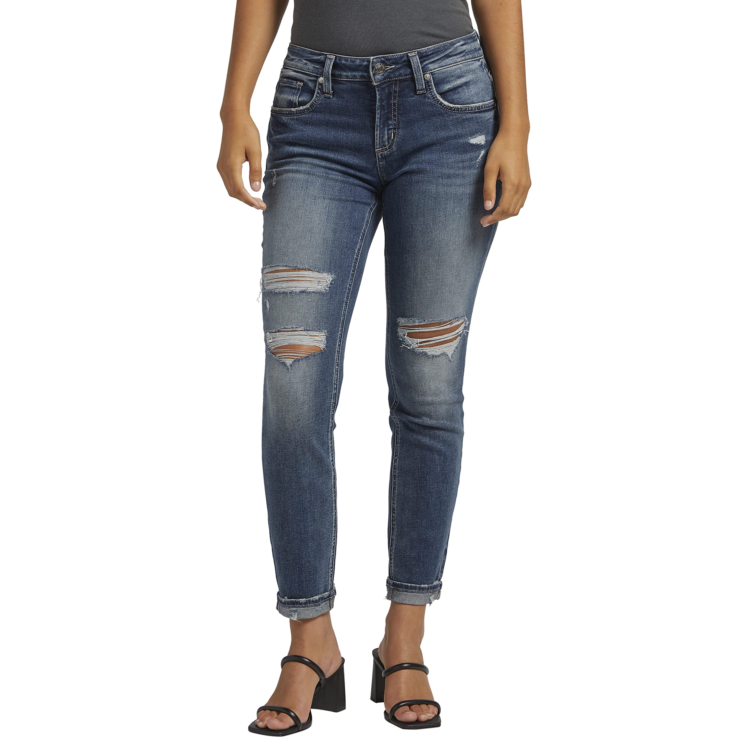 Silver Jeans Co. Women's Boyfriend Mid Rise Slim Leg Jeans - Comfortable Stretch Denim Pants for Casual Wear & Everyday Outfits