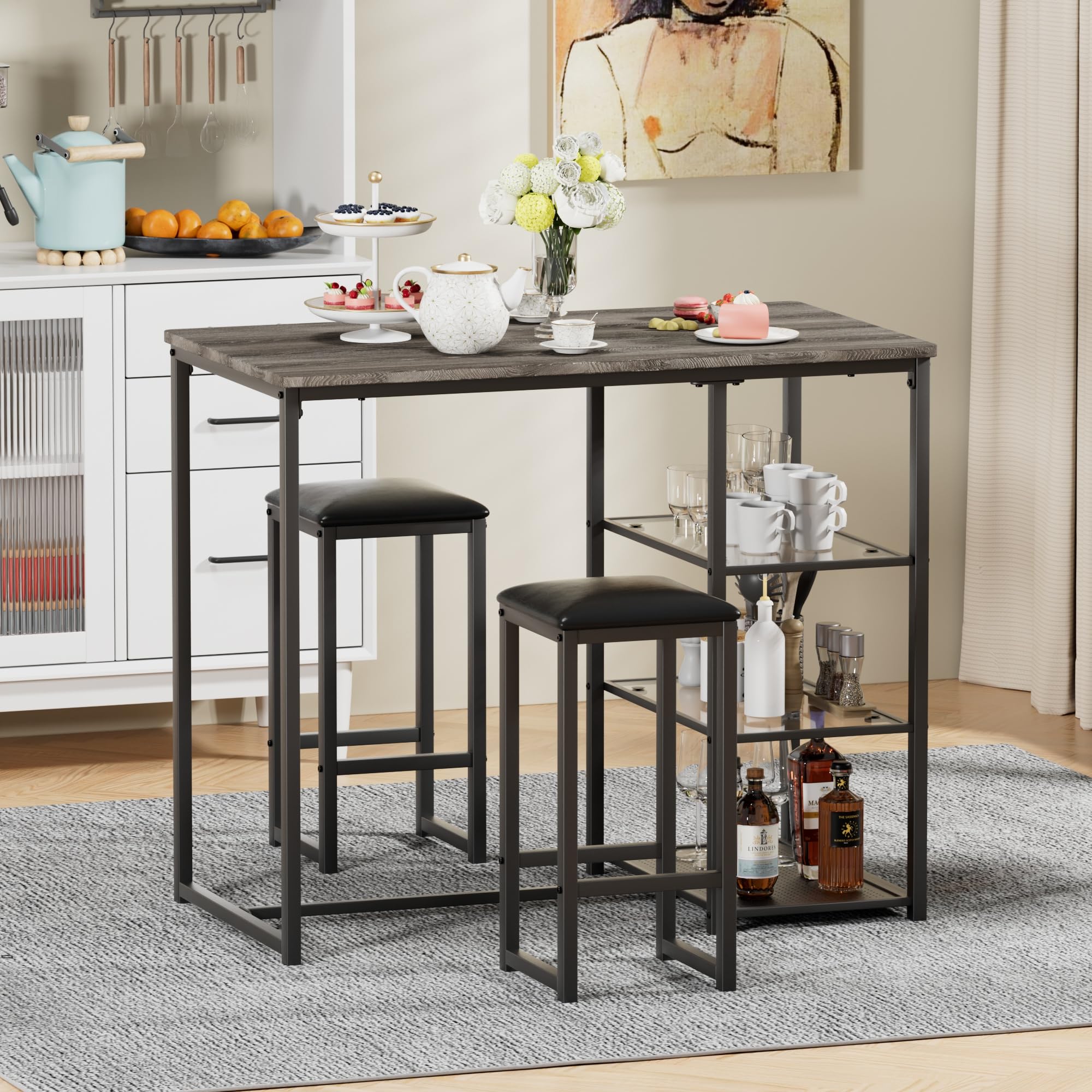 VECELO 2-Person Counter Height Dining Table Set with 3 Storage Shelves, Wood Top & PU Cushion Chairs - Space Saving Kitchen Table for Small Apartments, Dining Rooms (Light Gray) | Perfect for Breakfast Nooks, Studio Living & Compact Spaces