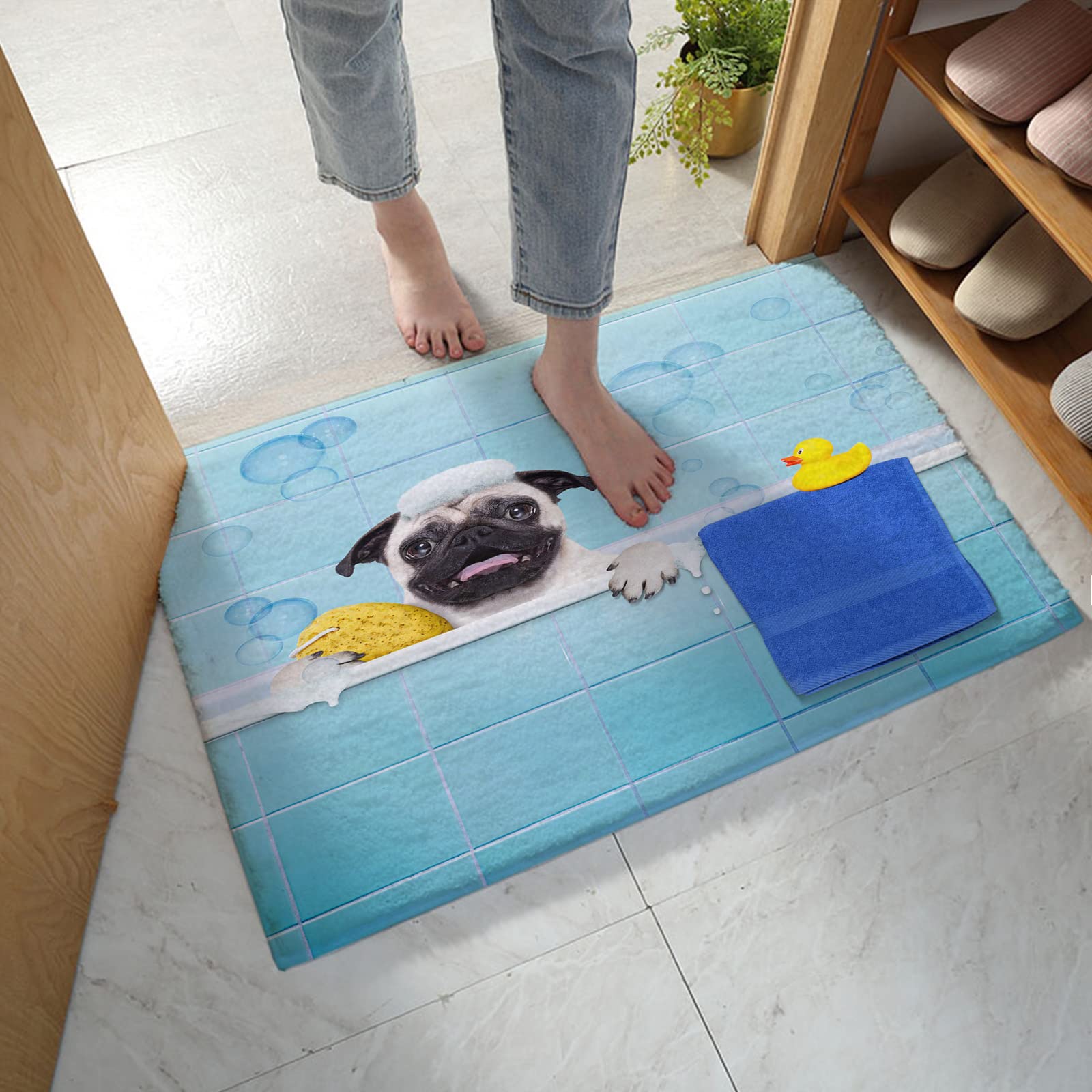 Funny Pug Dog Bath Mat - Non-Slip Absorbent Microfiber Shaggy Plush Bathroom Rug (24