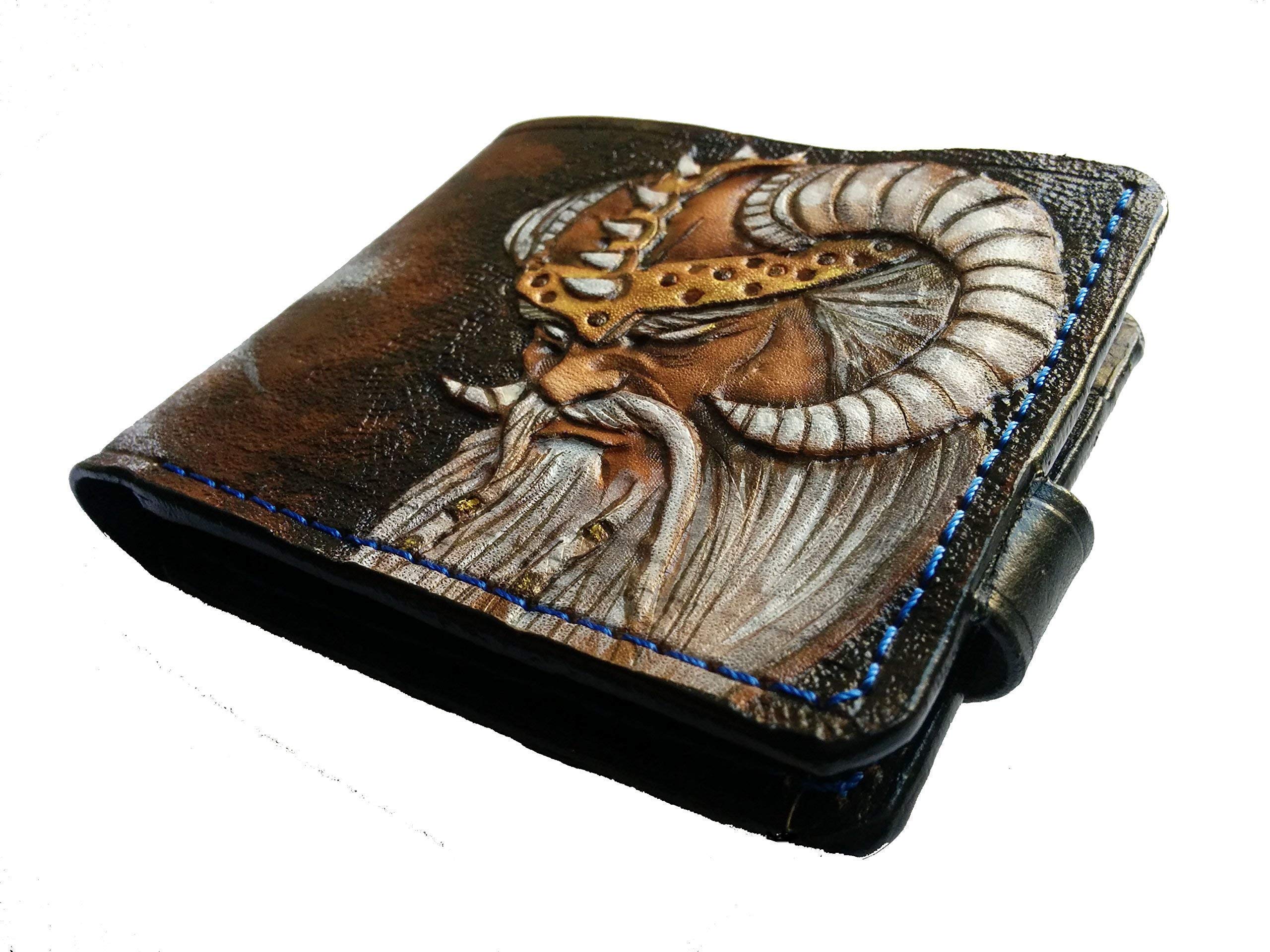 Viking Warrior Odin Raven Norse Mythology Leather Wallet - Nordic Viking Axe & Runic Design RFID Blocking Bifold Wallet for Men - Handmade Genuine Leather Biker Wallet with Celtic Style Embossing - Perfect for Medieval LARP, Cosplay & Viking Enthusiasts