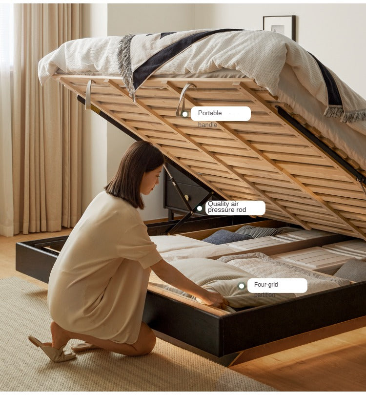 Solid Oak Wood Floating Platform Bed with LED Lights - Modern Smoky Finish for Bedroom, Guest Room, or Studio Apartment