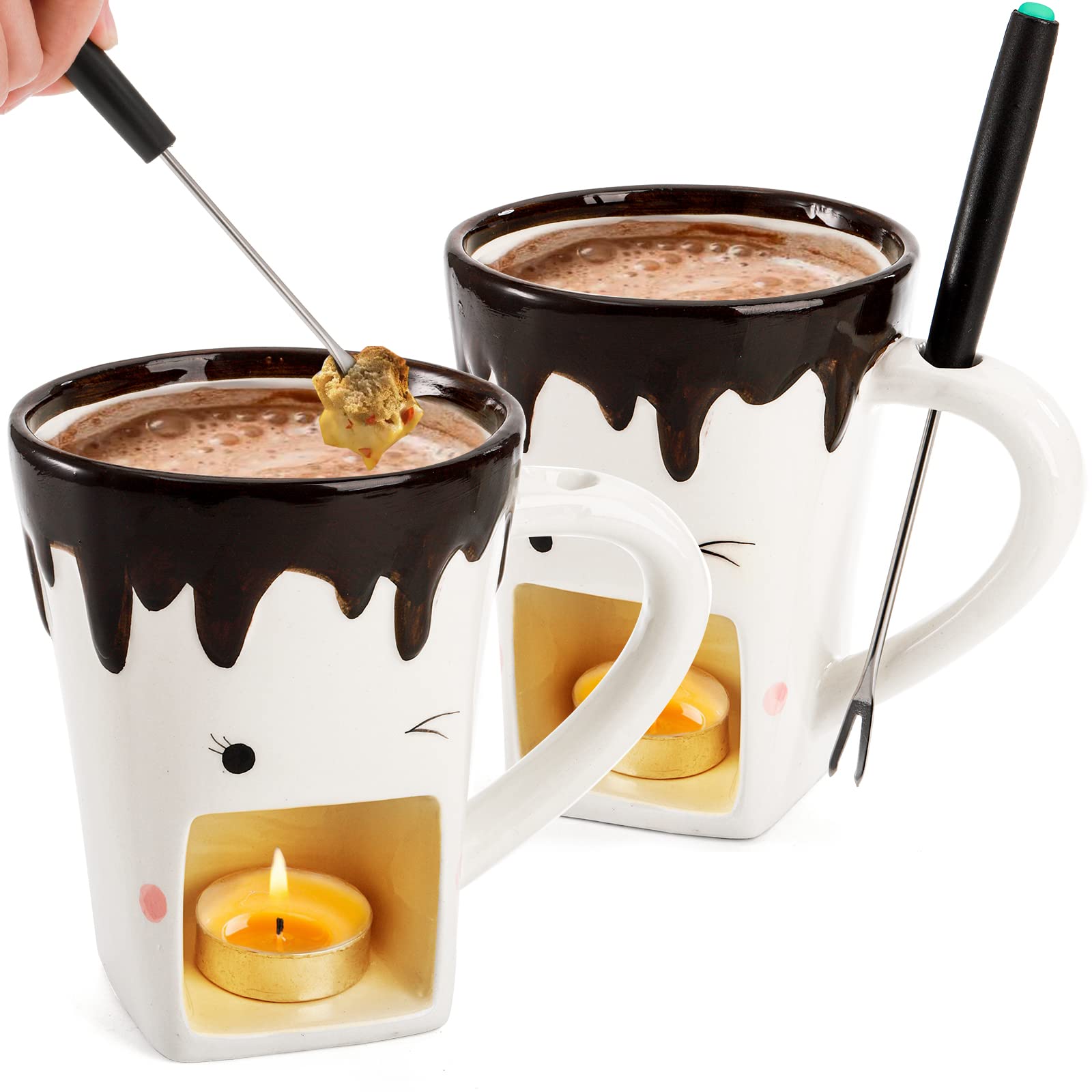 Set of 2 Ceramic Fondue Mugs with Forks - Personal Chocolate Melting Cup & Cheese Warmer - Mini Butter Warmer Pot with Tealight Candle - Perfect for Caramel, Tapas & Romantic Dinners