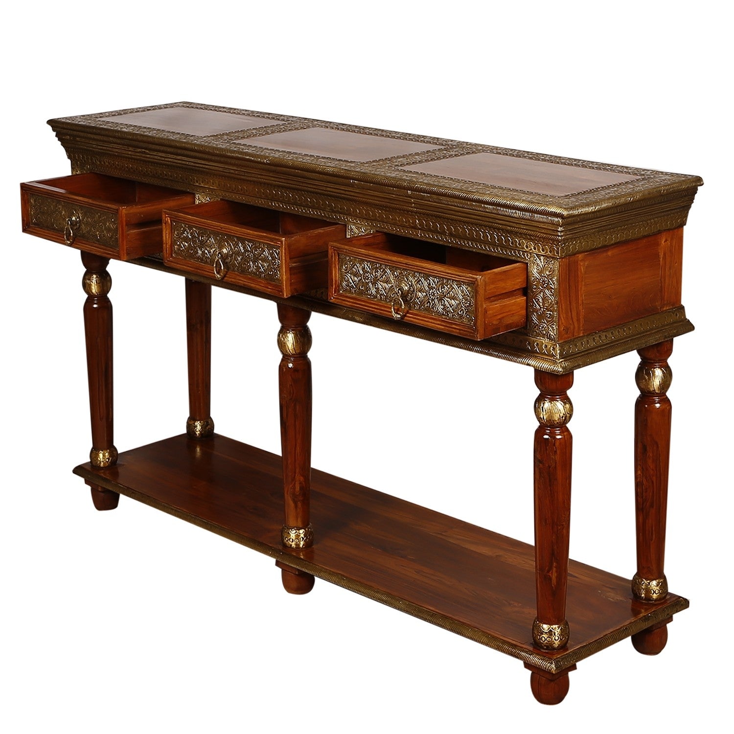 Antique Brass Embossed Console Table with 3 Drawers - Elegant Entryway Furniture for Living Room, Hallway & Office Decor