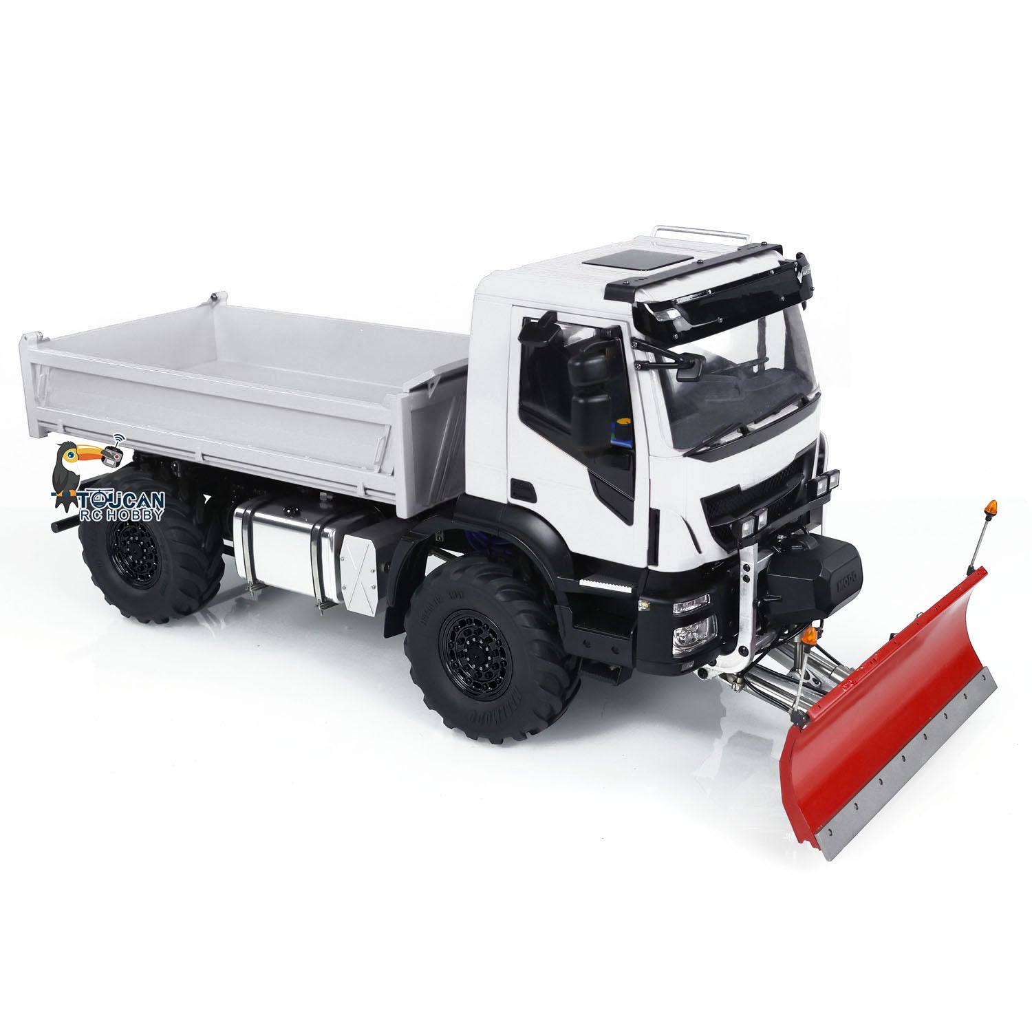 1/14 Scale 4x4 Metal RC Hydraulic Dump Truck with Remote Control - Snow Plow & Tipper Function, FlySky ST8 Controller, LED Lights & Sound Effects - Perfect for Construction Play, Winter Snow Removal & Off-Road Adventure