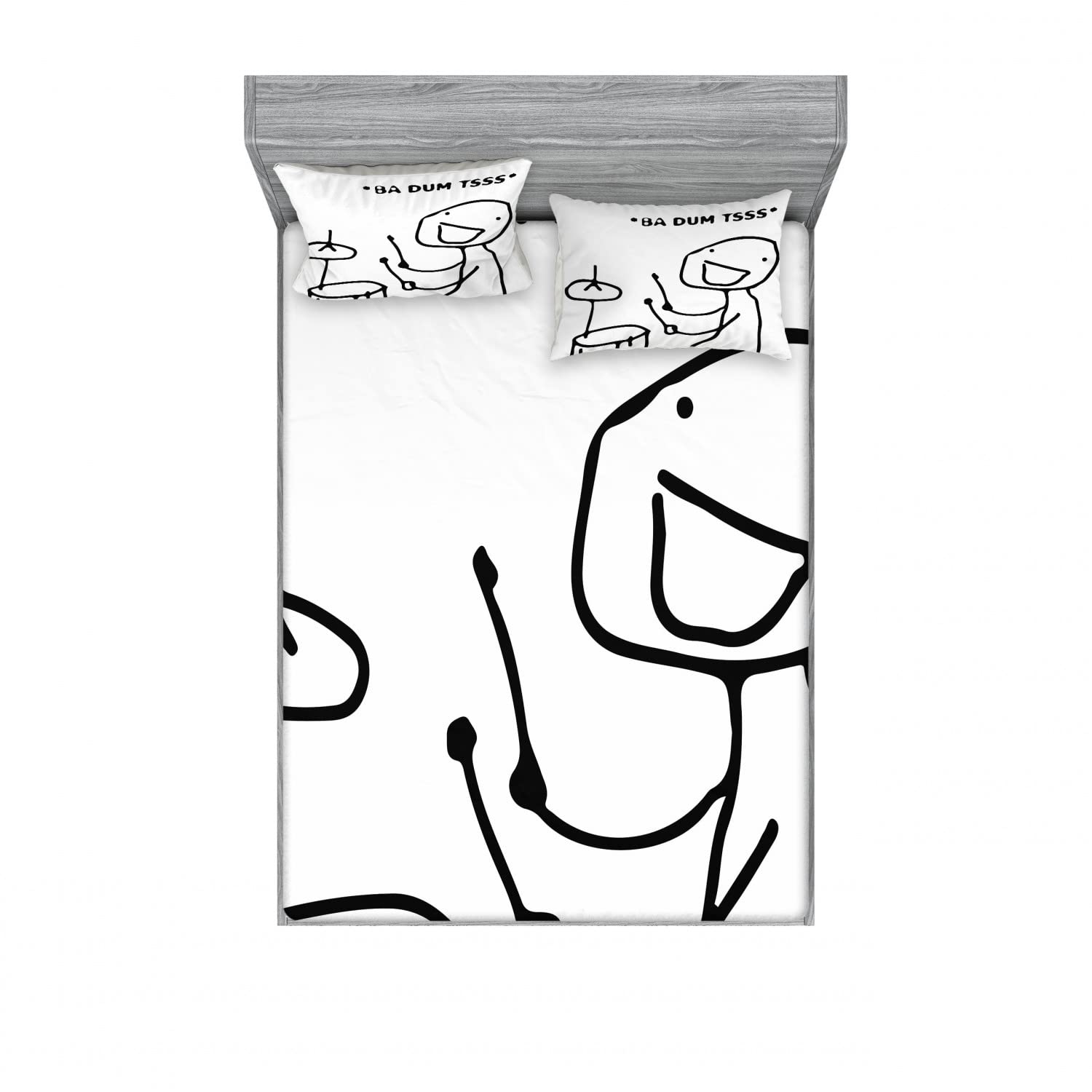 Ambesonne 2-Pack King Size Fitted Sheet Set with 4 Pillow Shams - Funny Badum Tss Drum Meme Comics Design in Black & White | Complete Bedding Set for Adults, Teens & Dorm Rooms | Perfect for Themed Bedrooms, Music Lovers & Comedic Home Decor