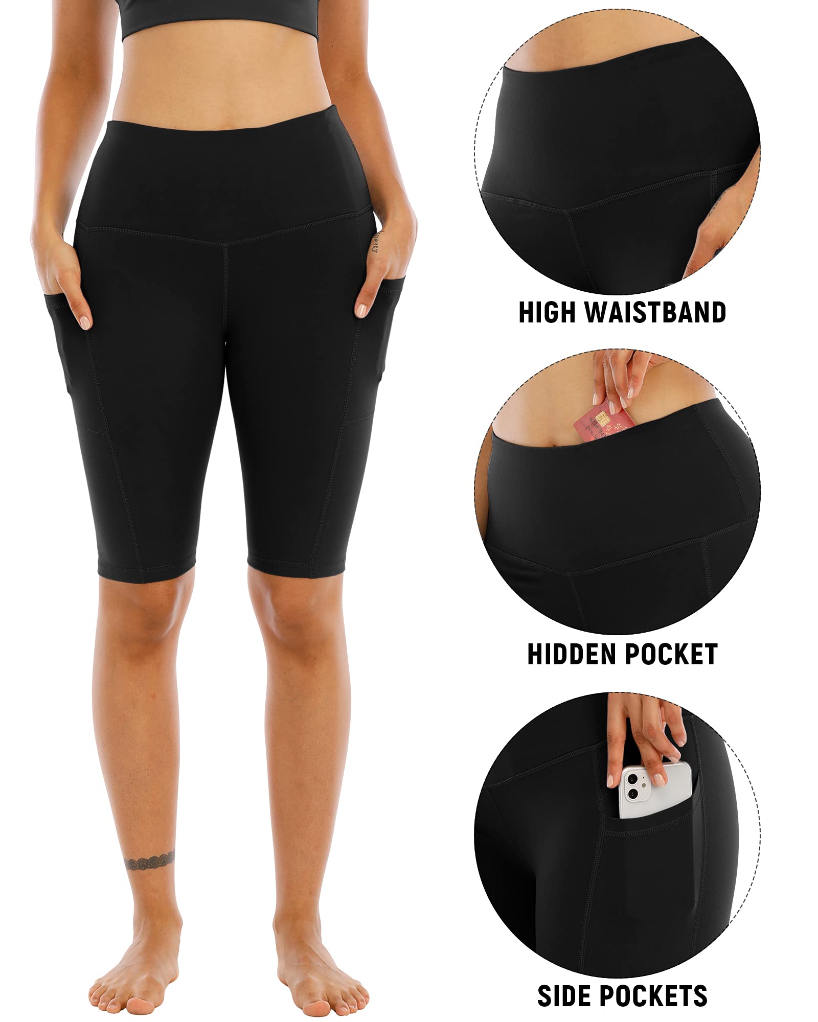 WHOUARE Women's High Waisted Yoga Shorts with Pockets - 4 Pack Athletic Running Workout Gym Shorts for Tummy Control | Perfect for Cycling, Yoga, Running & Fitness Training