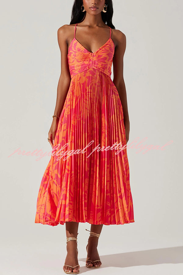 Floral Print Pleated Midi Dress with Back Tie Detail - Perfect for Wedding Parties, Bridal Showers & Summer Events