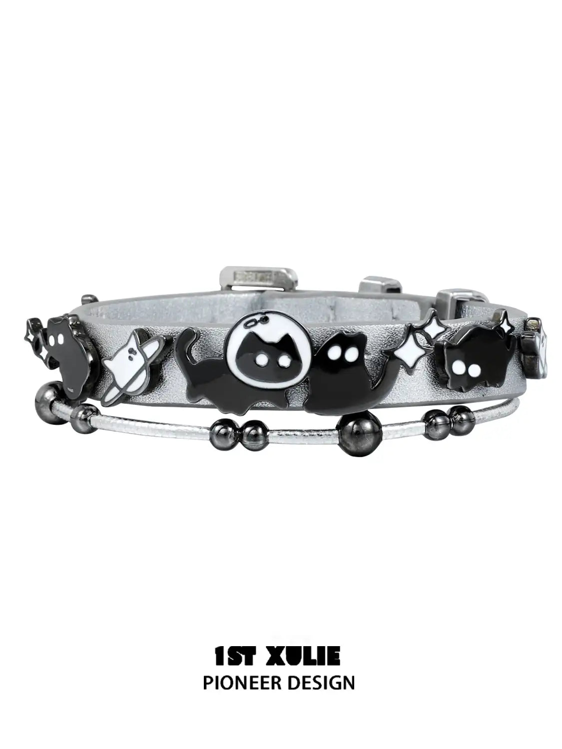 18K Black Gold Plated Leather Bracelet with Ghost & Black Cat Charm - Gothic Jewelry for Women, Perfect for Halloween, Witchy Aesthetic & Dark Fashion Accessories