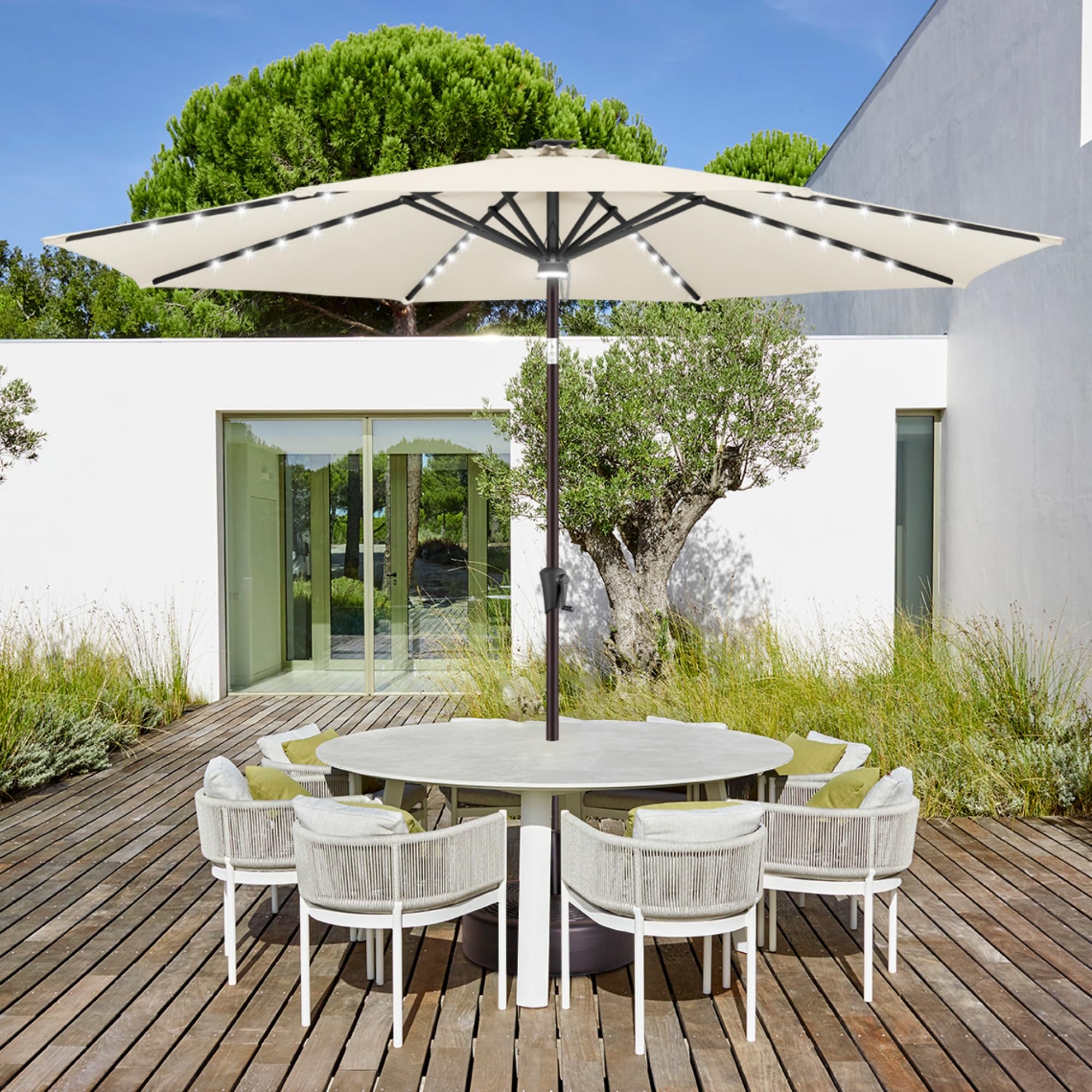9 ft Solar Powered LED Patio Umbrella with 40 Energy-Saving Lights - Waterproof Outdoor Market Umbrella for Garden, Poolside, Backyard & Beach - Ivory