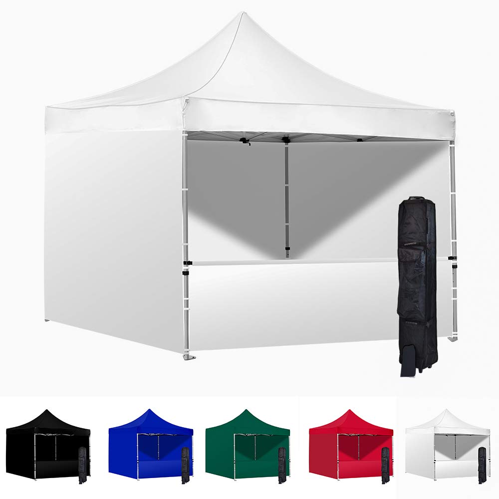 Vispronet 10x10 FT Instant Pop Up Canopy Tent with 3 Full Walls & 1 Half Wall - Heavy Duty Commercial Aluminum Frame - Waterproof Canopy Top & Sidewalls - Includes Carry Bag & Stakes - Perfect for Outdoor Events, Parties, Camping & Market Stalls (White)