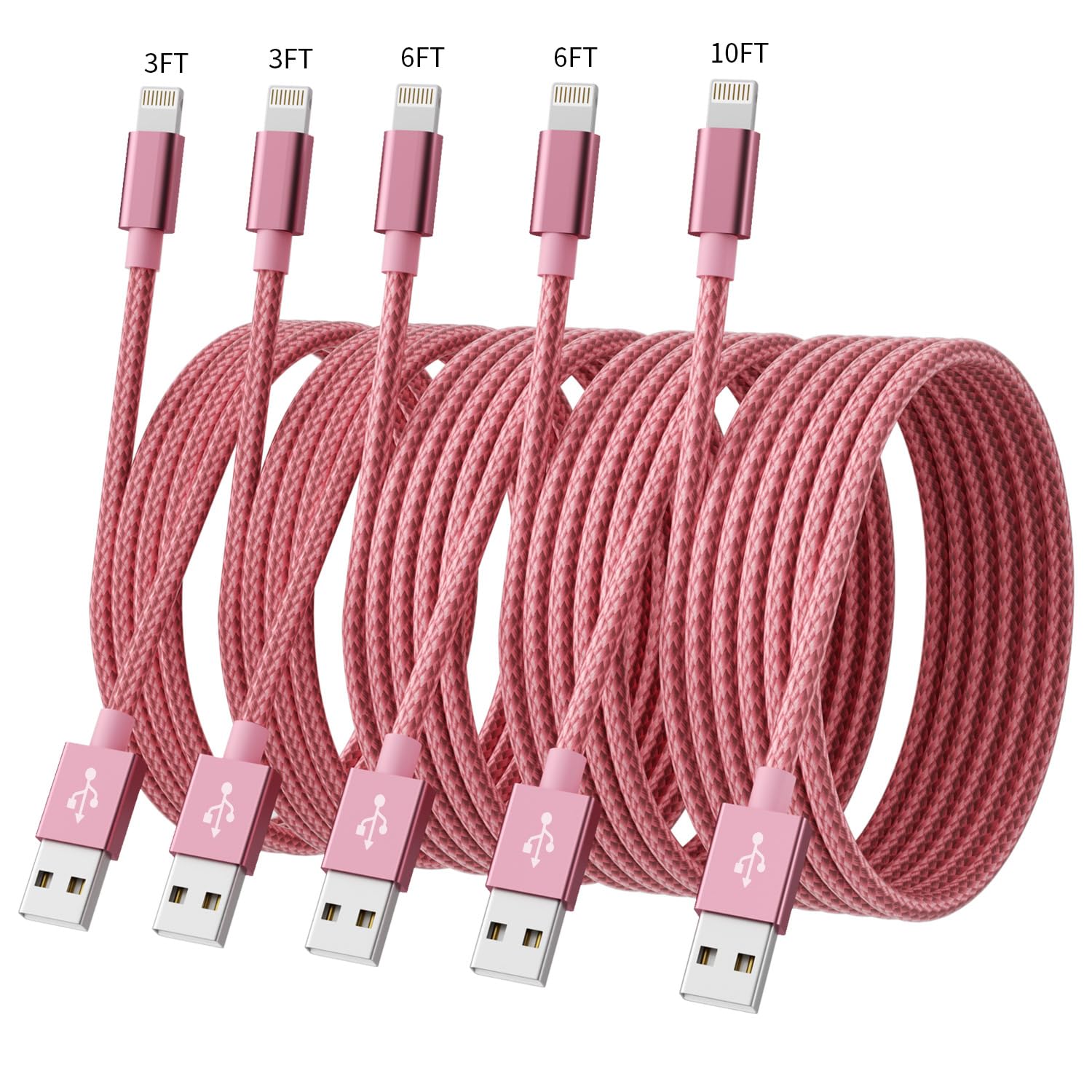 MFi Certified iPhone Charger 5-Pack (3/3/3/6/10FT) - Fast Charging USB Cable with Nylon Braided Cord for iPhone 14/13/12/11/X/8/7, iPad & iPod - Durable Charger for Home, Office & Travel