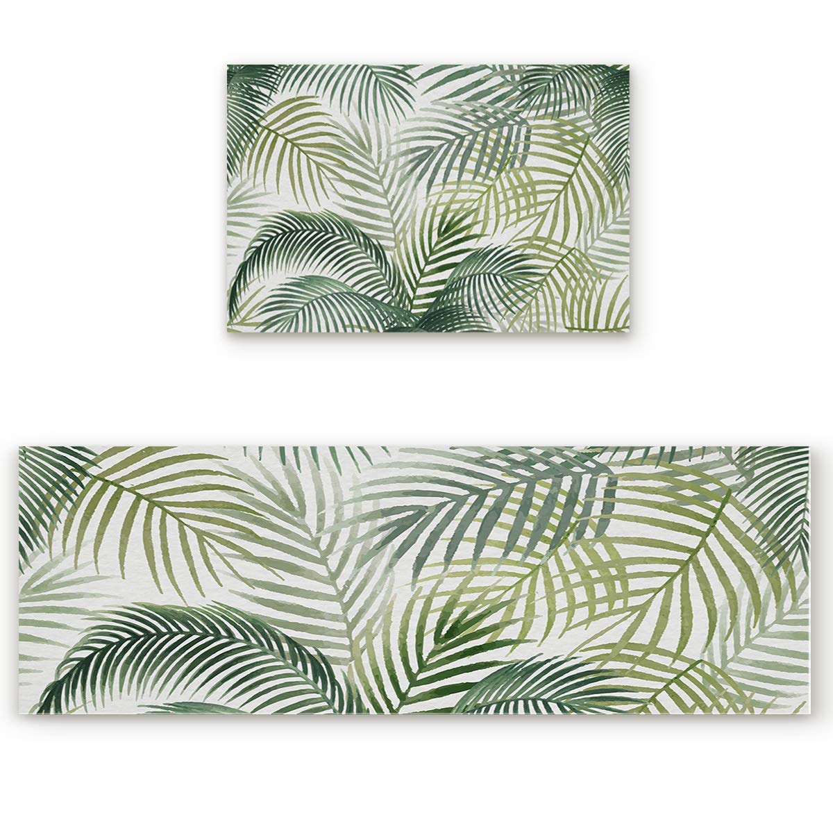 Non-Slip Cushioned Anti-Fatigue Kitchen Floor Mats Set of 2 - Tropical Palm Leaves Design Washable Runner Rugs for Home Decor, Cooking & Dining Areas - Nature Inspired Vintage Nordic Style