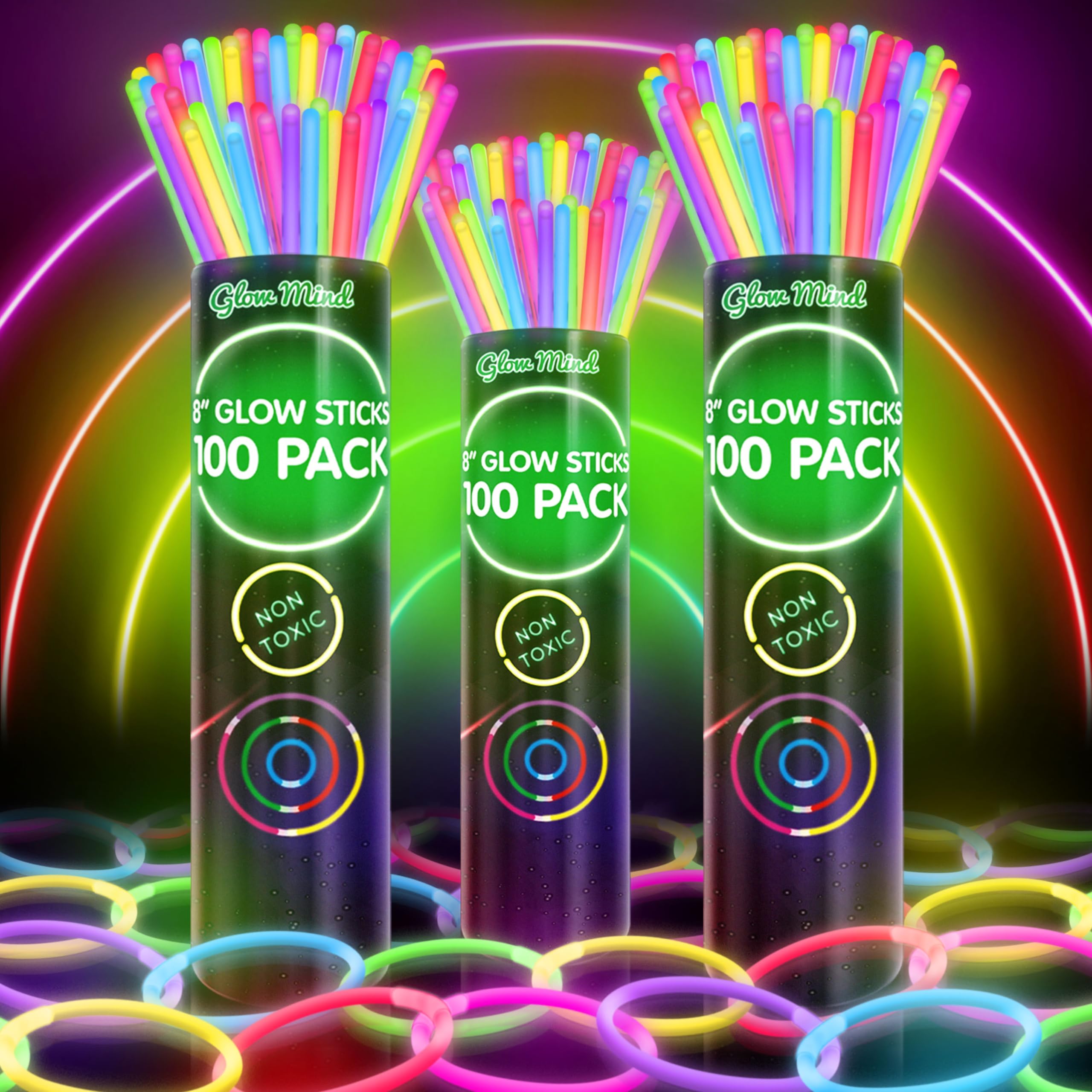 300 Ultra Bright Glow Sticks Bulk - 8 Inch Glow in the Dark Party Supplies for Halloween, Raves, Concerts & Camping - Includes Glow Bracelets and Necklaces for Kids & Adults