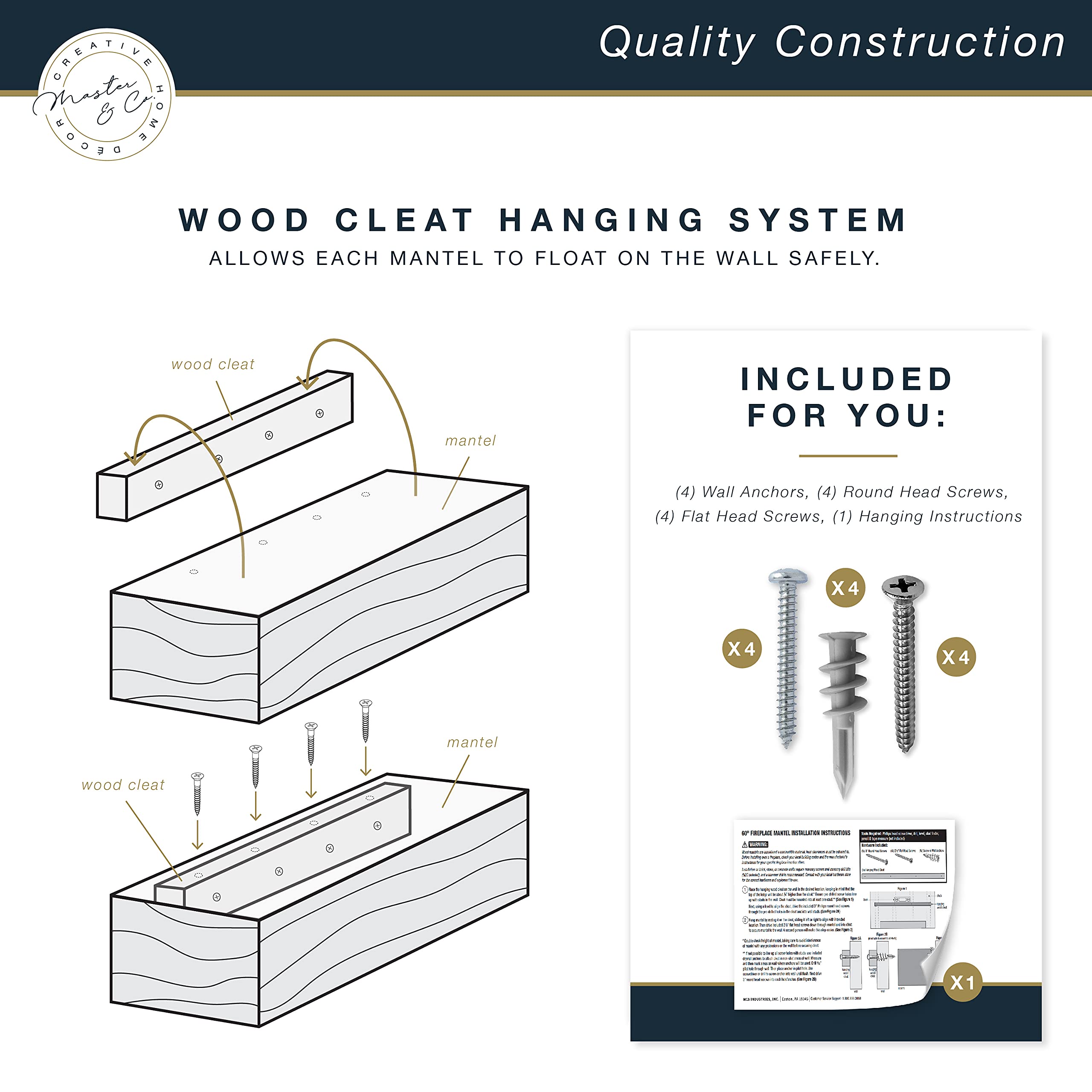 60-Inch Solid Wood Floating Fireplace Mantel Shelf - Antique Natural Finish by Master & Co - Heavy Duty Wood Cleat Hanging System - Perfect for Living Room Decor, Photo Display & Home Decoration - Ideal for Fireplace Surrounds, Wall Shelving & Rustic Home Accents