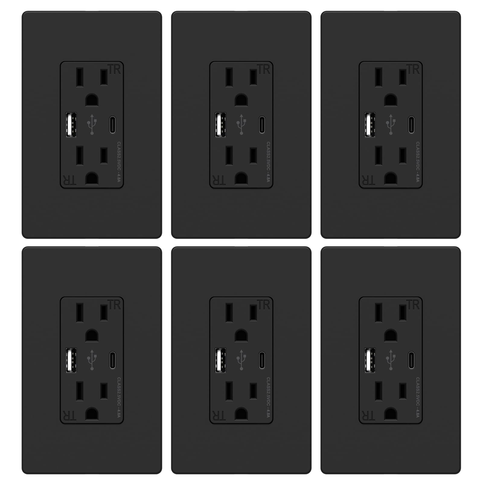 WEBANG 6 Pack USB C Wall Outlet with 4.8A Type A & C Ports, 15A Tamper-Resistant Duplex Receptacle, Screwless Wall Plate - ETL Listed Matte Black for Home, Office & Commercial Use