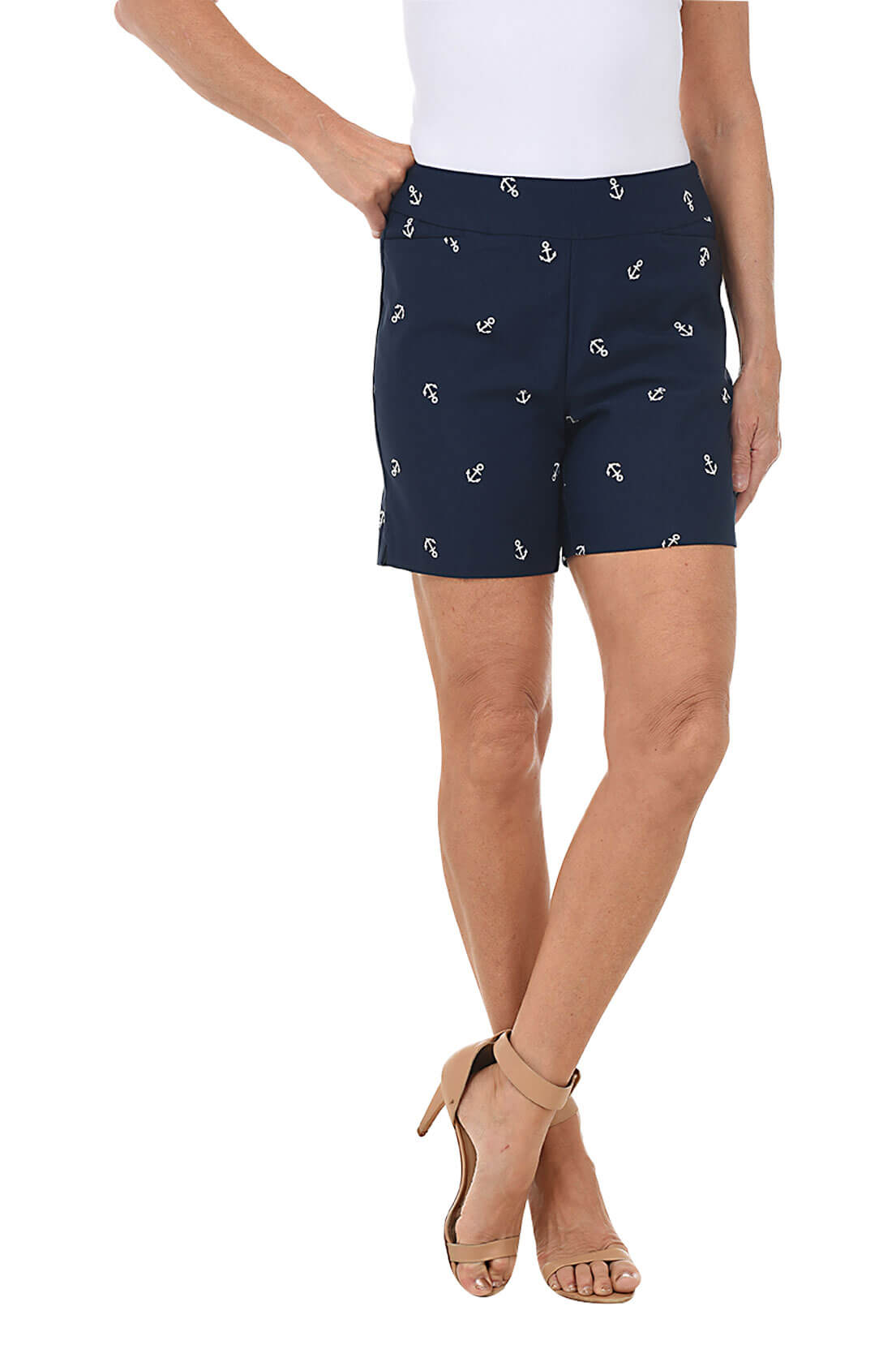 Embroidered Anchors Stretch Pull-On Shorts for Men - Comfortable Casual Wear for Summer, Beach, and Outdoor Activities