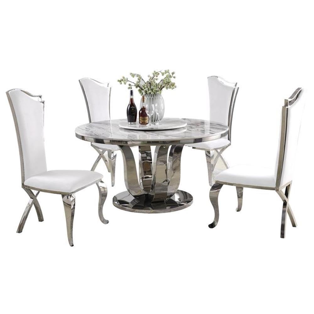 Premium 6-Piece Dining Room Set with Table, Lazy Susan & 4 Chairs - Modern White & Black Kitchen Furniture for Family Gatherings & Dinner Parties