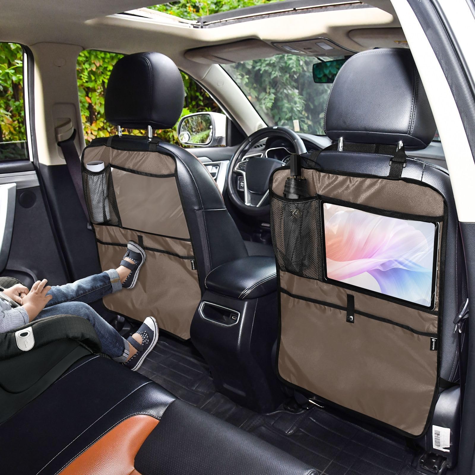 **Sinestour Waterproof Brown Car Back Seat Kick Mats - 2 Pack, Scratch & Mud Resistant Backseat Protector with Storage Pockets for Kids - Perfect for SUVs, Minivans & Family Road Trips**