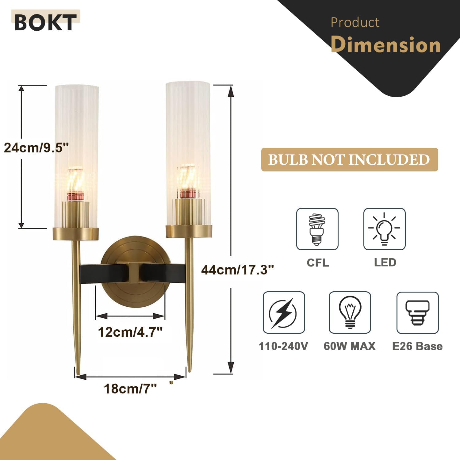 BOKT Mid-Century Modern 2-Light Crystal Wall Sconce - Brushed Brass Gold Finish, Clear Cylinder Glass Shade - Perfect for Bedroom, Hallway & Living Room Lighting