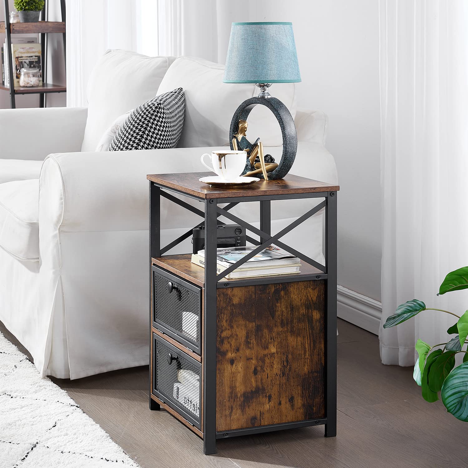 Modern Night Stands Set of 2 - Industrial Design Bedside Tables with Drawers & Storage Shelf for Bedroom or Living Room - Perfect for Small Spaces, Apartment Decor & Guest Rooms (Brown)