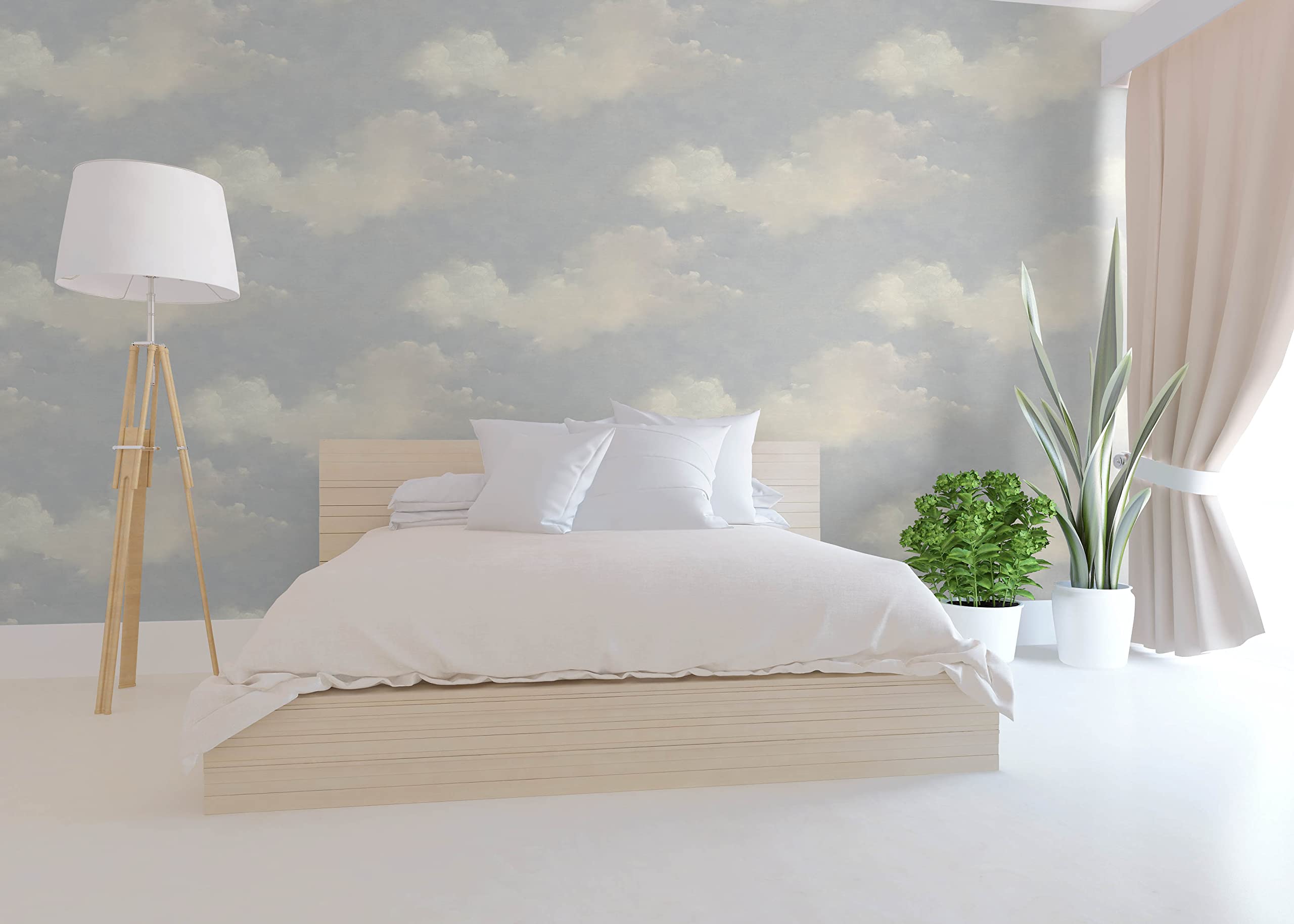 Sky Blue Cloud Ceiling Abstract Wallpaper - Cream & Blue Watercolor Design - Perfect for Nursery, Bedroom, or Office Decor