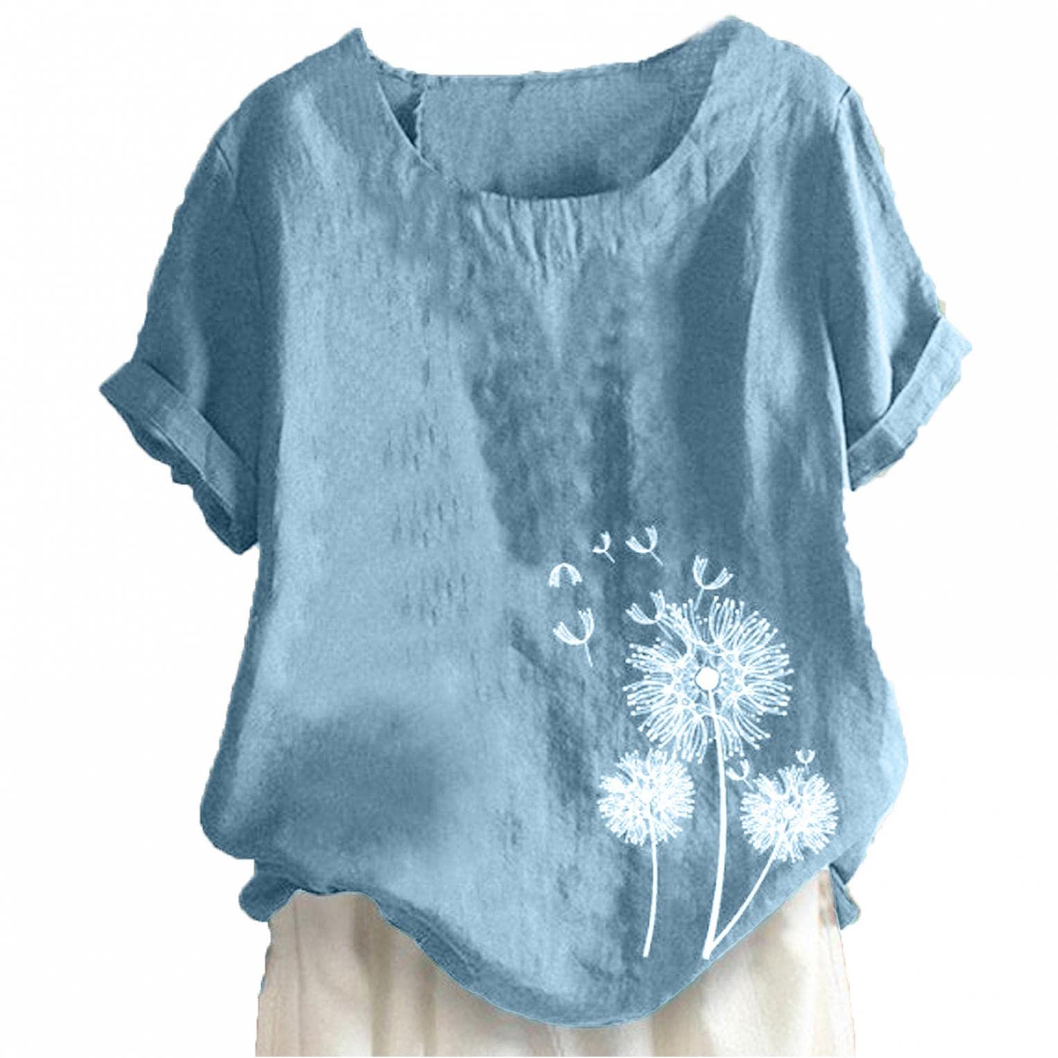 Women's Summer Cotton Linen Tunic Tee - Dandelion Print Crewneck Blouse for Casual Wear, Beach Outfits & Everyday Comfort
